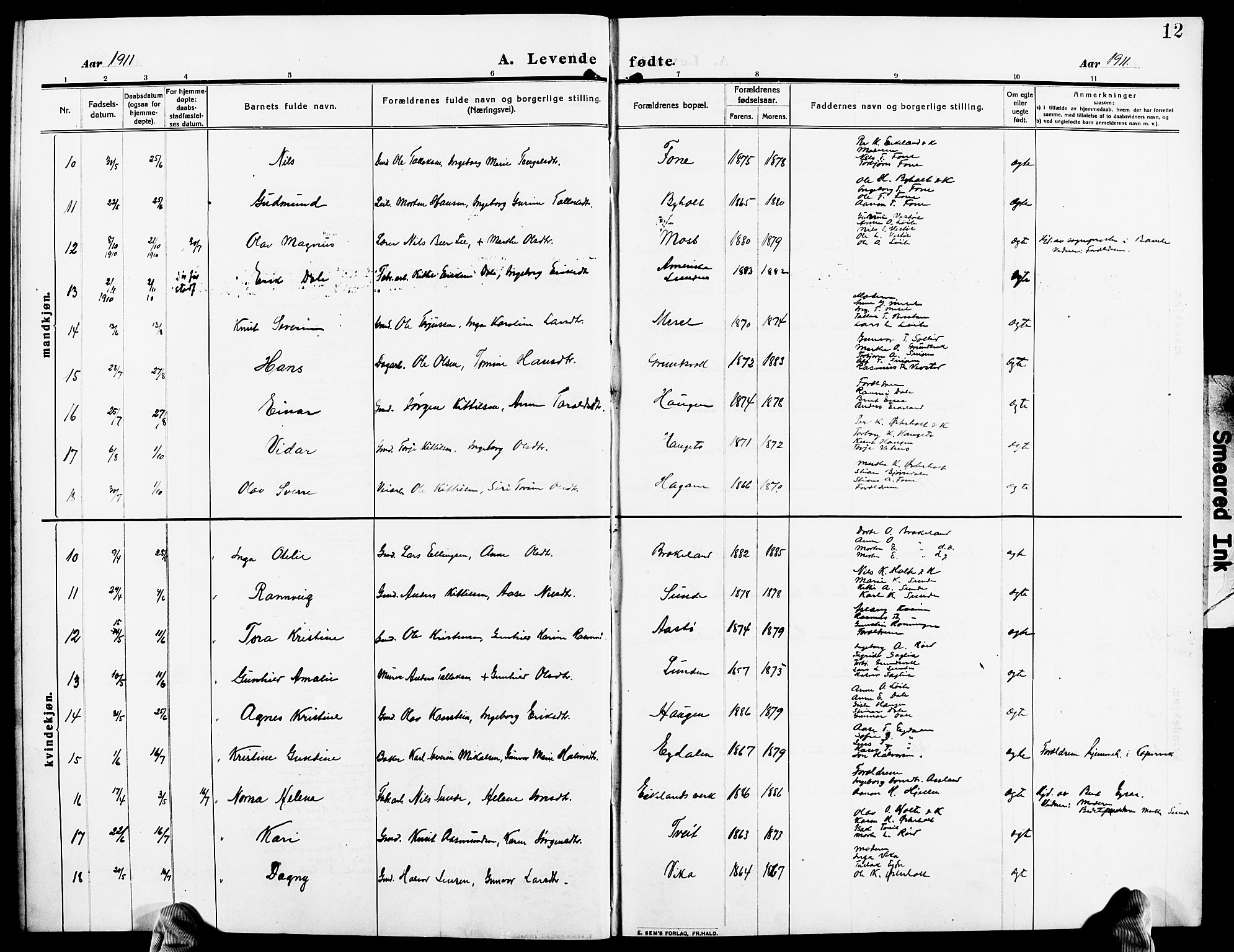 Gjerstad sokneprestkontor, AV/SAK-1111-0014/F/Fb/Fba/L0008: Parish register (copy) no. B 8, 1909-1925, p. 12