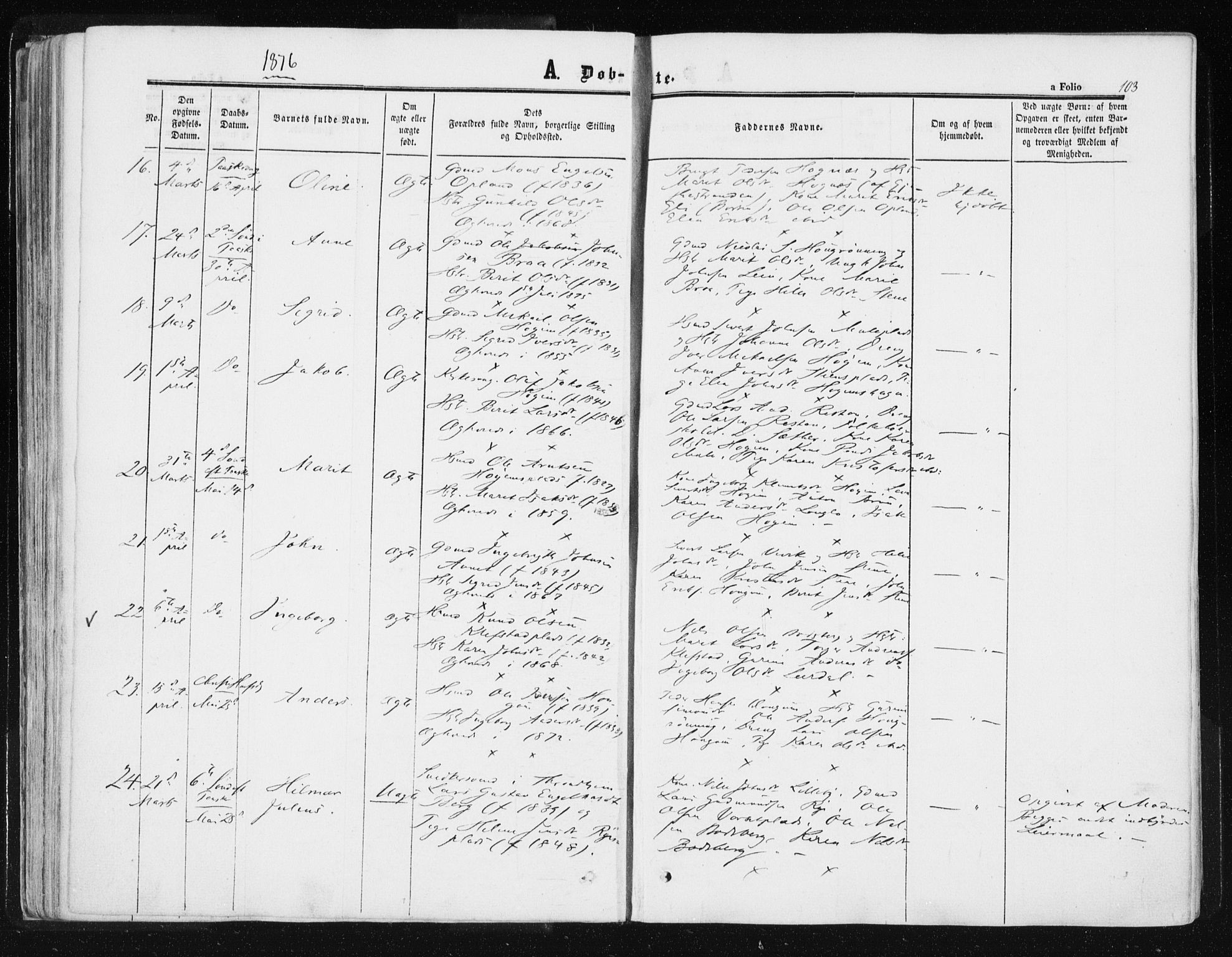 Ministerialprotokoller, klokkerbøker og fødselsregistre - Sør-Trøndelag, AV/SAT-A-1456/612/L0377: Parish register (official) no. 612A09, 1859-1877, p. 103