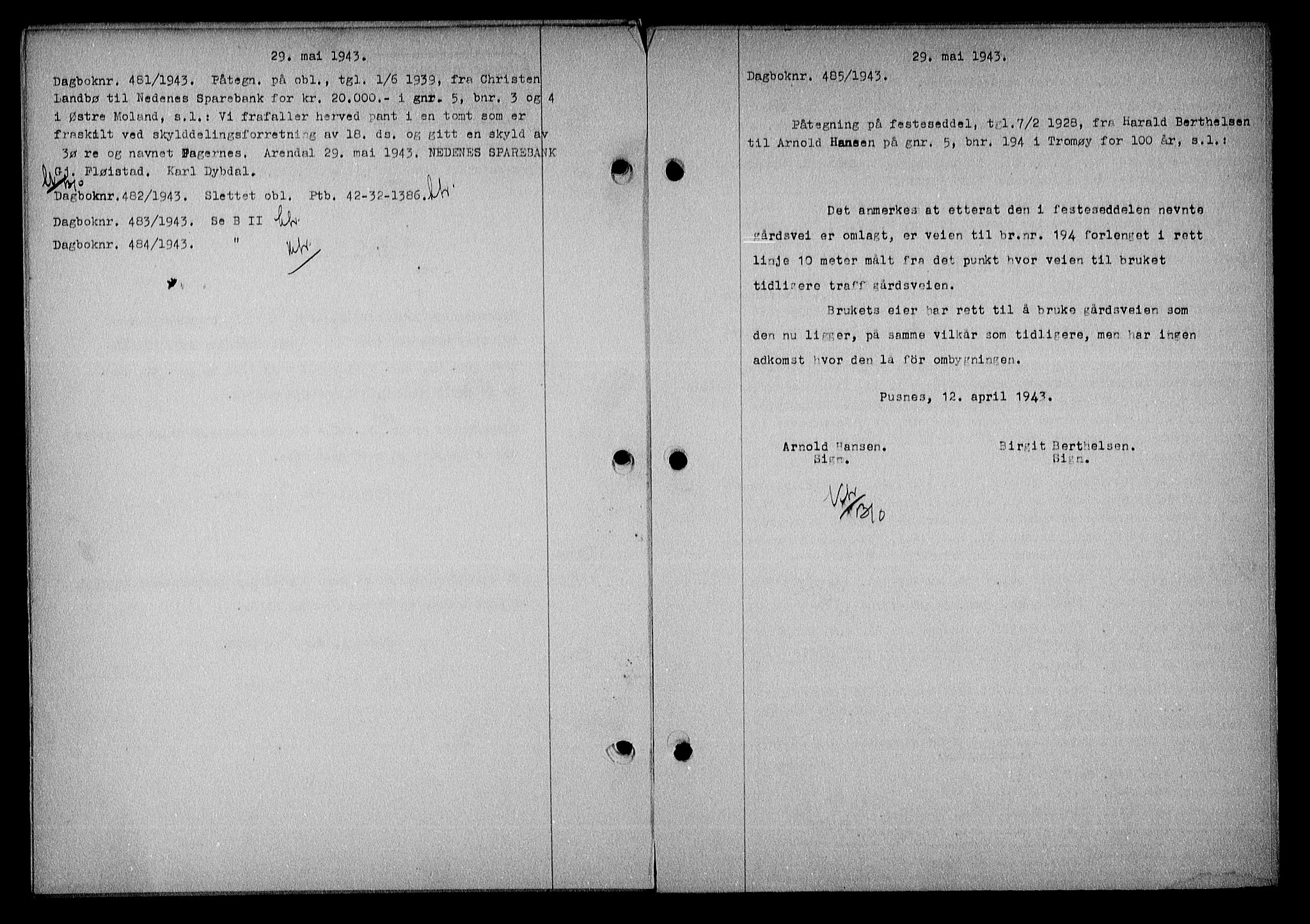 Nedenes sorenskriveri, AV/SAK-1221-0006/G/Gb/Gba/L0050: Mortgage book no. A-IV, 1942-1943, Diary no: : 405/1943