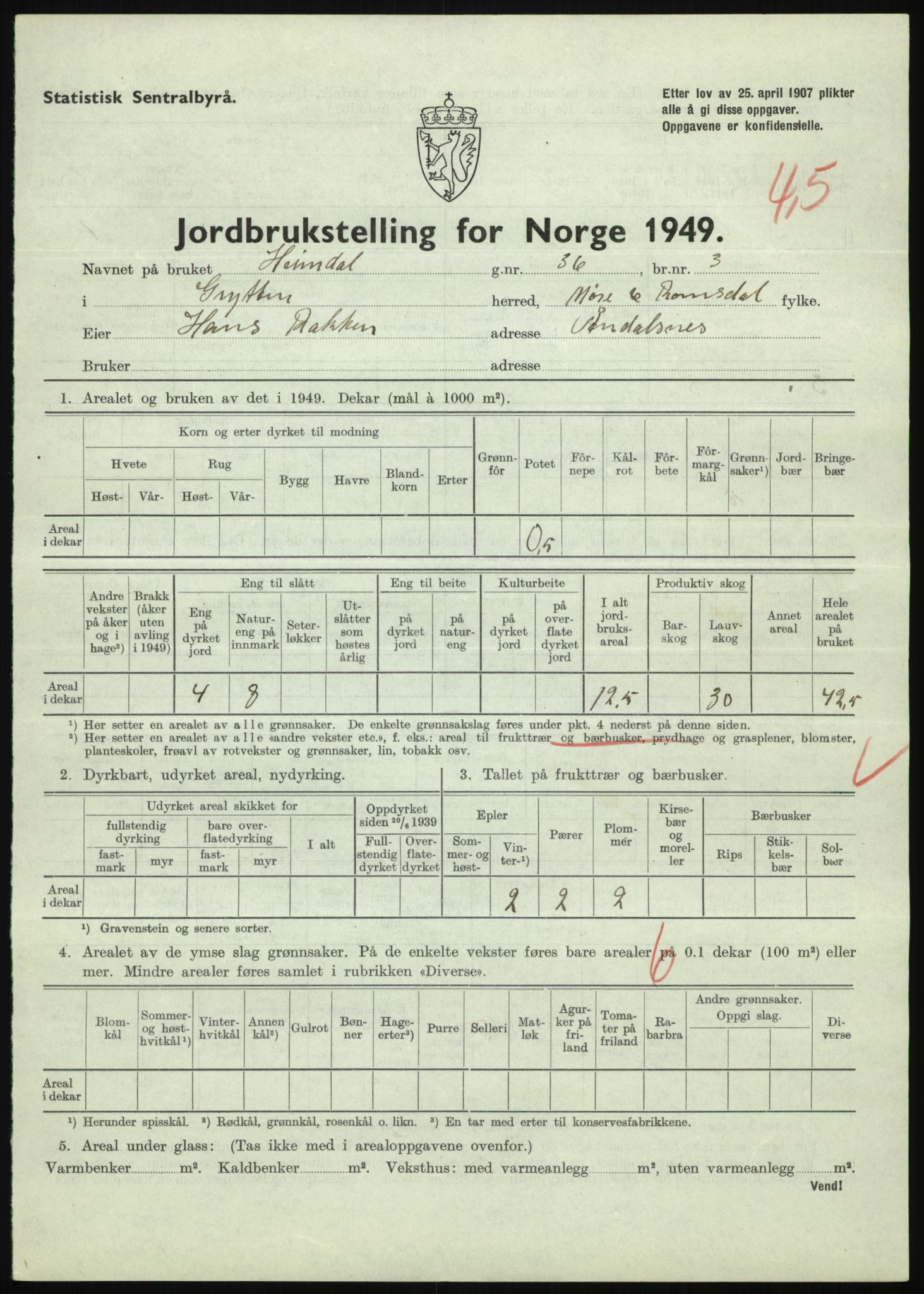 Statistisk sentralbyrå, Næringsøkonomiske emner, Jordbruk, skogbruk, jakt, fiske og fangst, AV/RA-S-2234/G/Gc/L0323: Møre og Romsdal: Grytten og Hen, 1949, p. 101