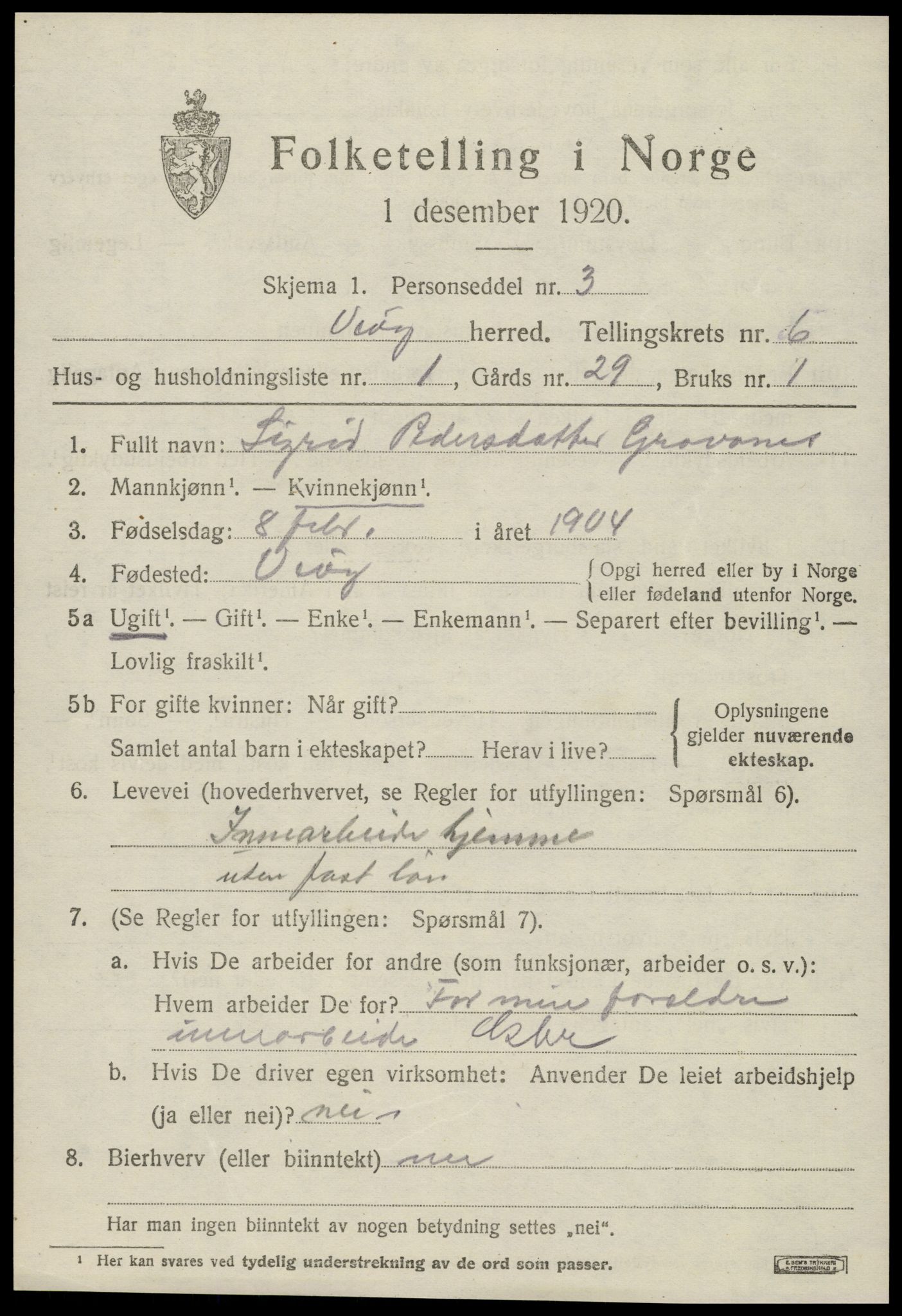 SAT, 1920 census for Veøy, 1920, p. 2533