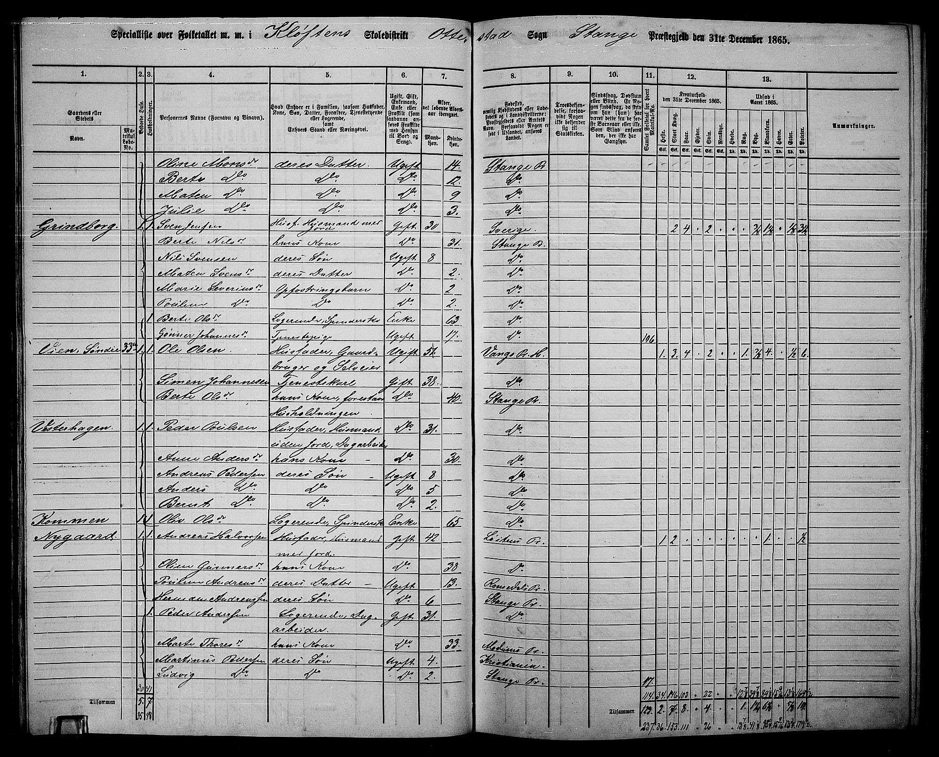 RA, 1865 census for Stange, 1865, p. 42