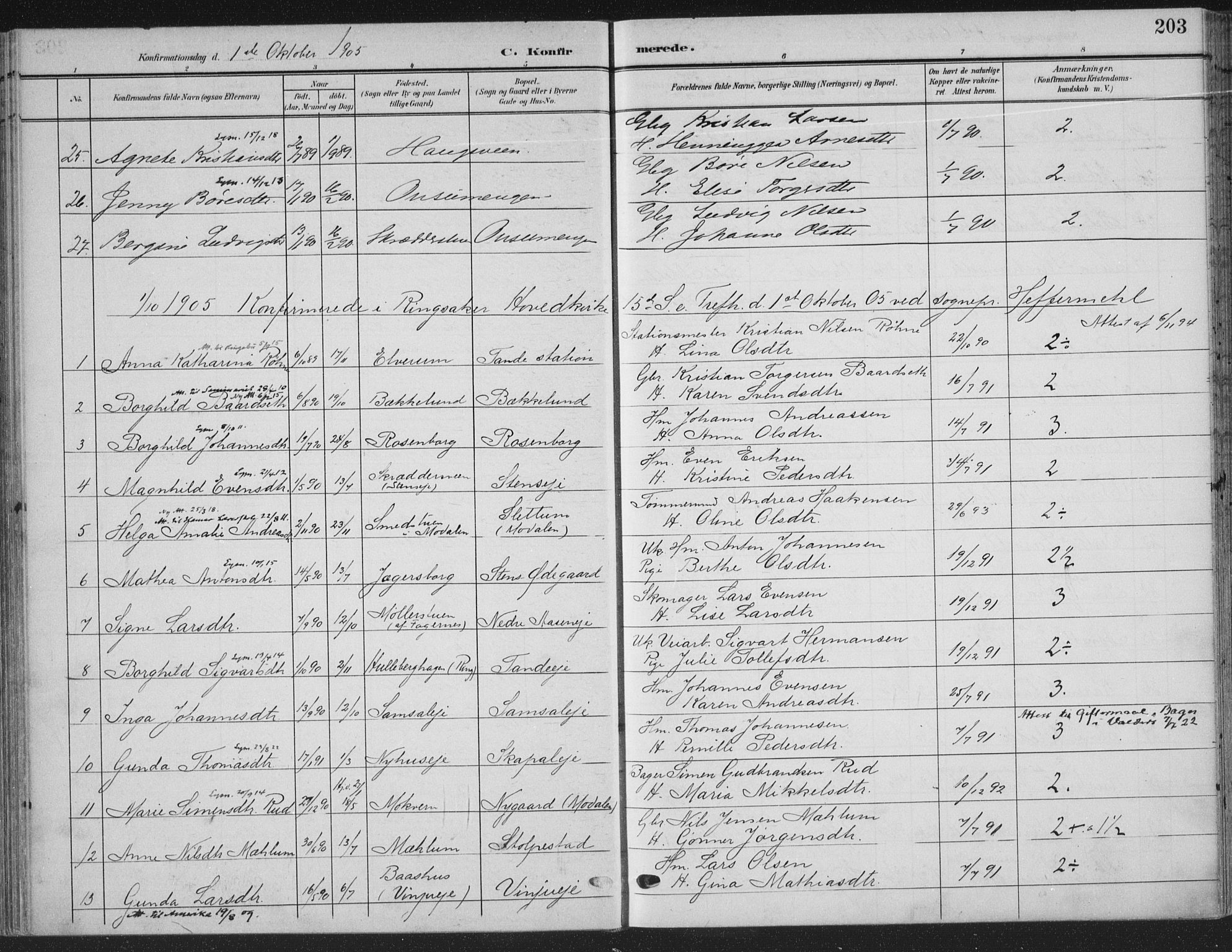 Ringsaker prestekontor, SAH/PREST-014/K/Ka/L0018: Parish register (official) no. 18, 1903-1912, p. 203