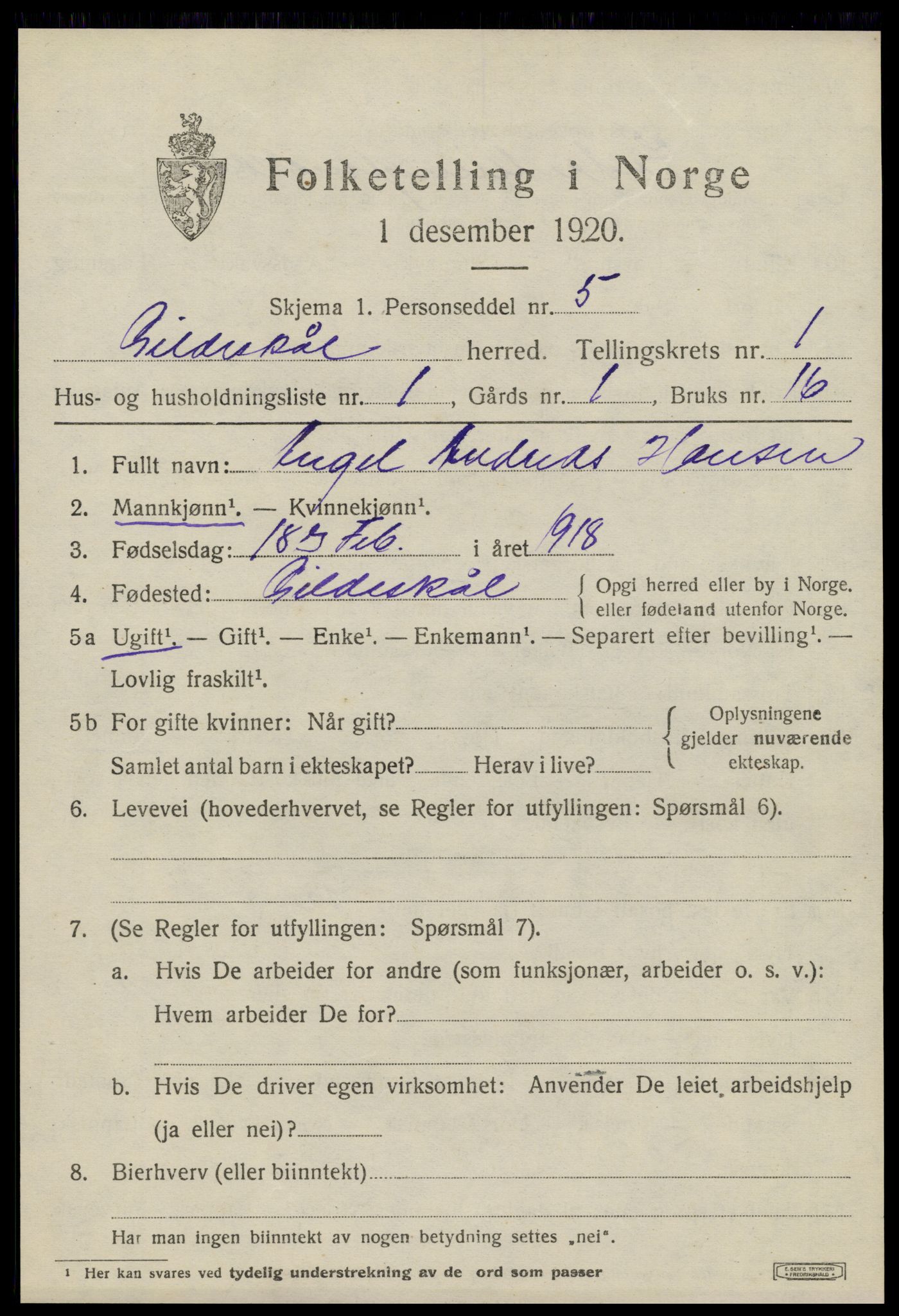 SAT, 1920 census for Gildeskål, 1920, p. 1630