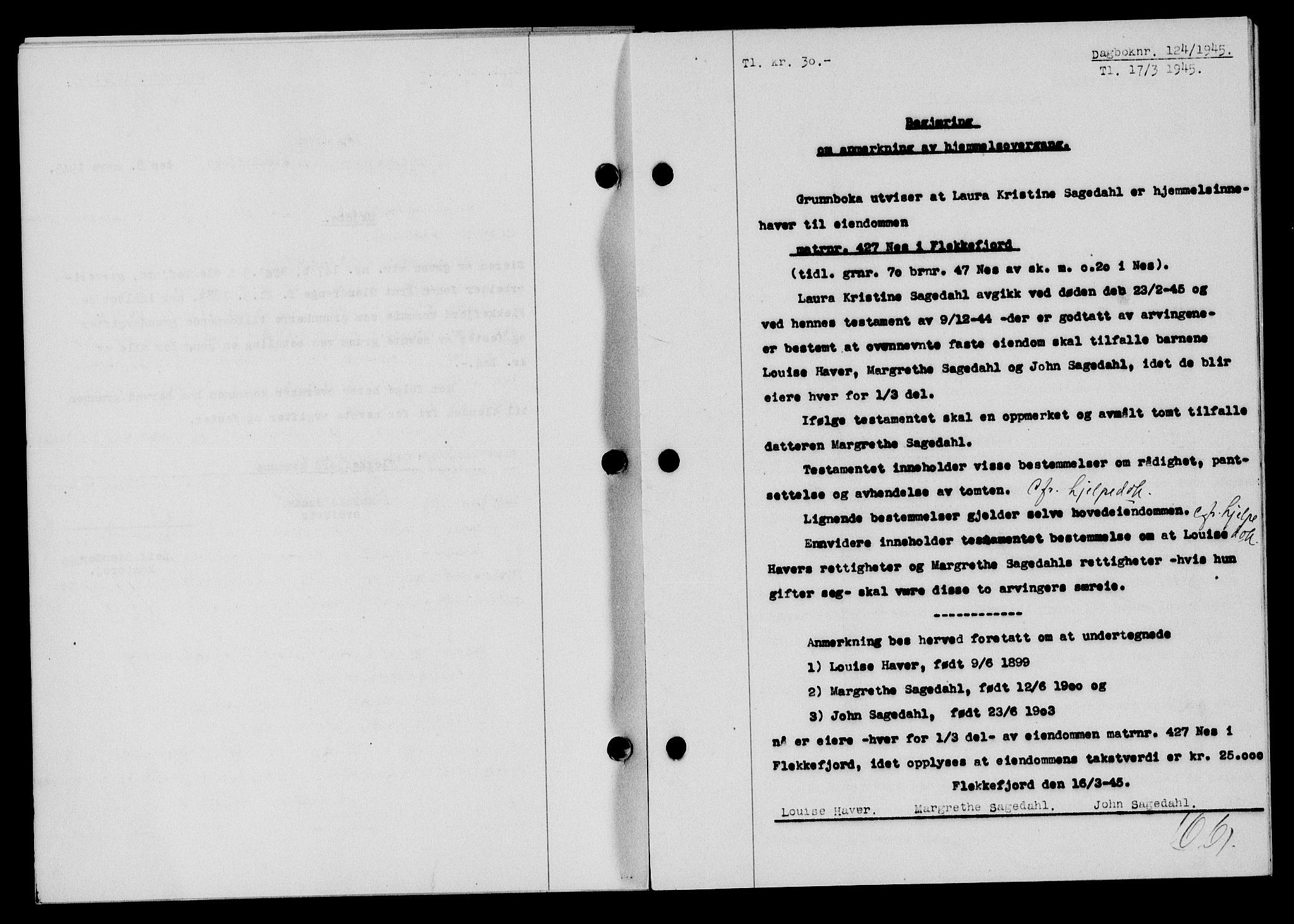 Flekkefjord sorenskriveri, SAK/1221-0001/G/Gb/Gba/L0059: Mortgage book no. A-7, 1944-1945, Diary no: : 124/1945