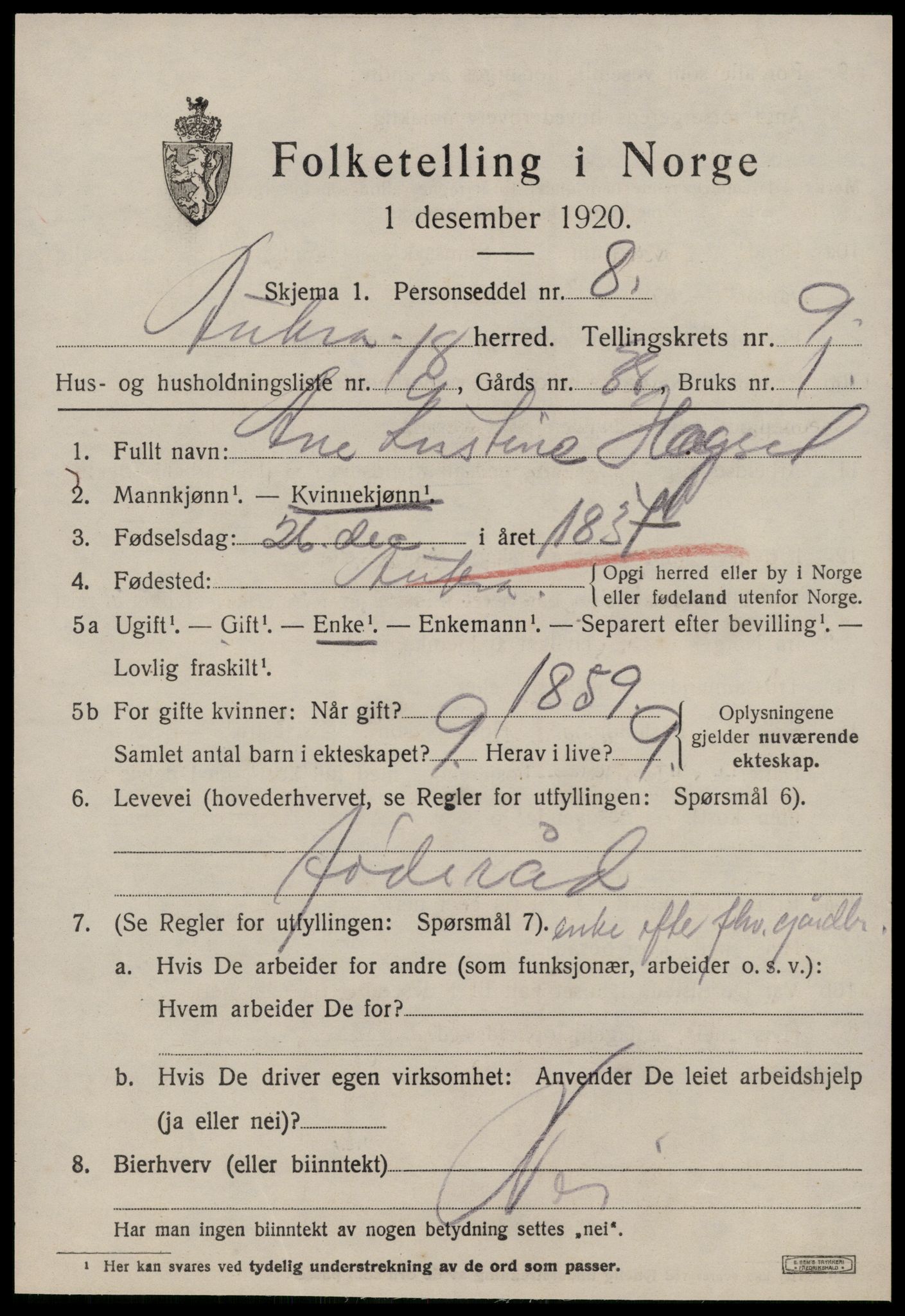 SAT, 1920 census for Aukra, 1920, p. 4837