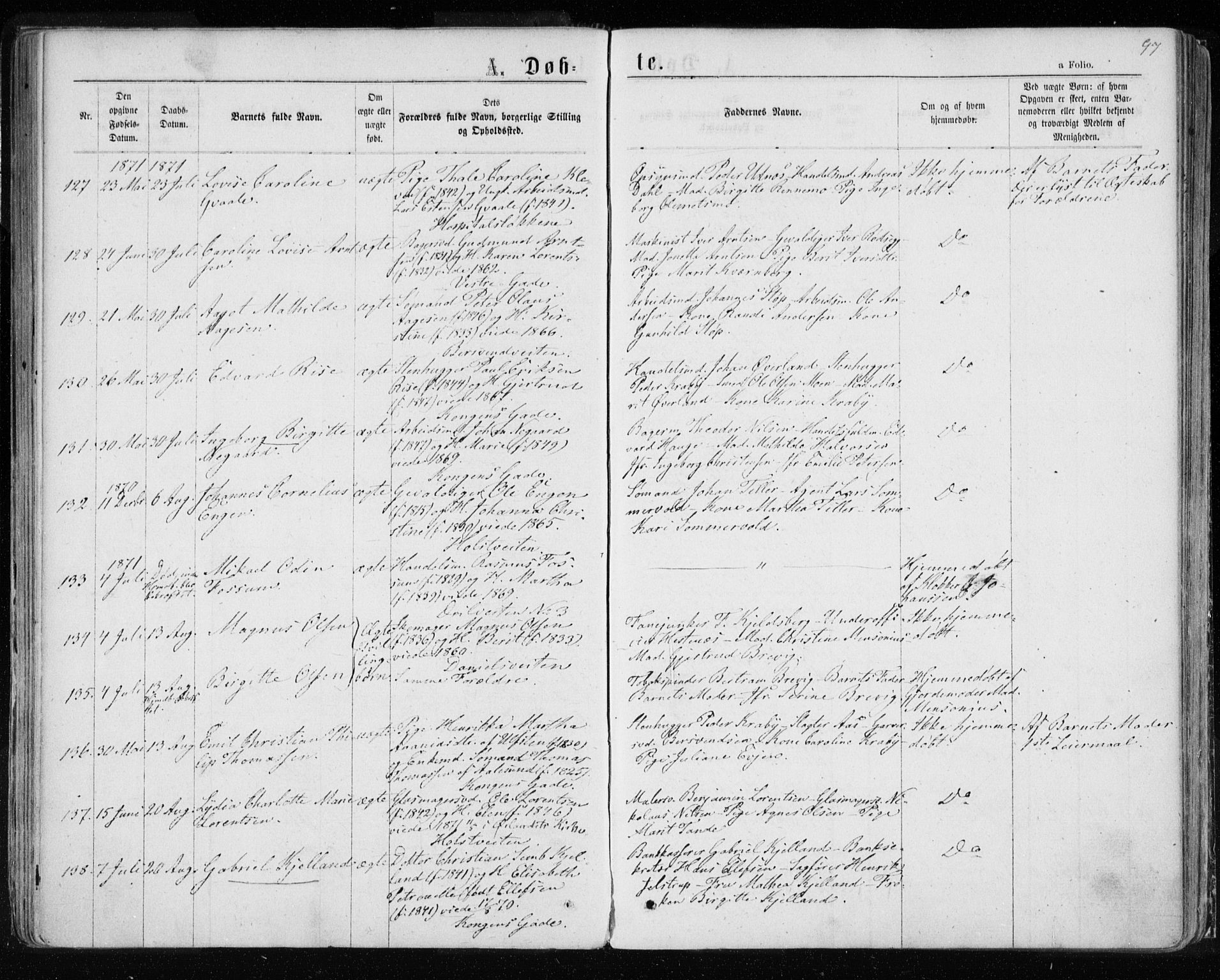 Ministerialprotokoller, klokkerbøker og fødselsregistre - Sør-Trøndelag, SAT/A-1456/601/L0054: Parish register (official) no. 601A22, 1866-1877, p. 97