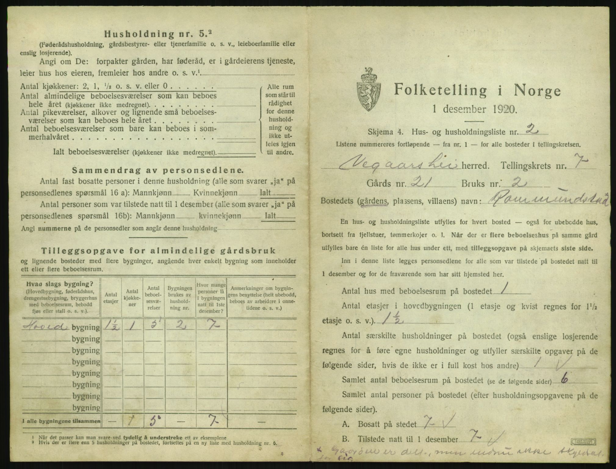 SAK, 1920 census for Vegårshei, 1920, p. 368