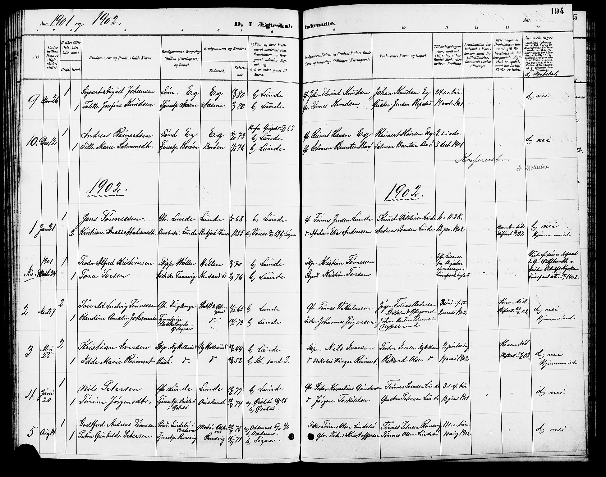 Søgne sokneprestkontor, SAK/1111-0037/F/Fb/Fbb/L0006: Parish register (copy) no. B 6, 1892-1911, p. 194