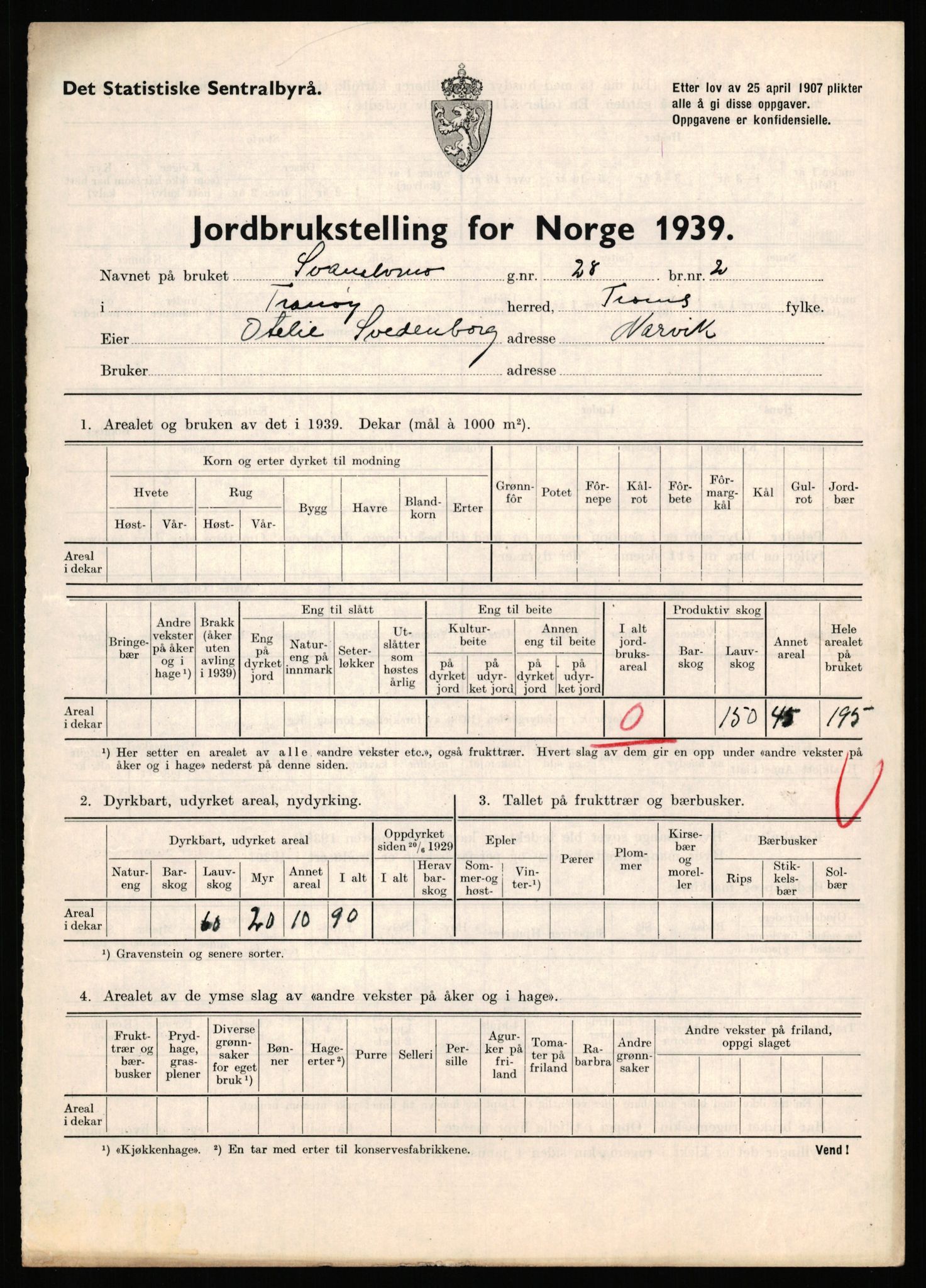 Statistisk sentralbyrå, Næringsøkonomiske emner, Jordbruk, skogbruk, jakt, fiske og fangst, AV/RA-S-2234/G/Gb/L0341: Troms: Sørreisa og Tranøy, 1939, p. 857