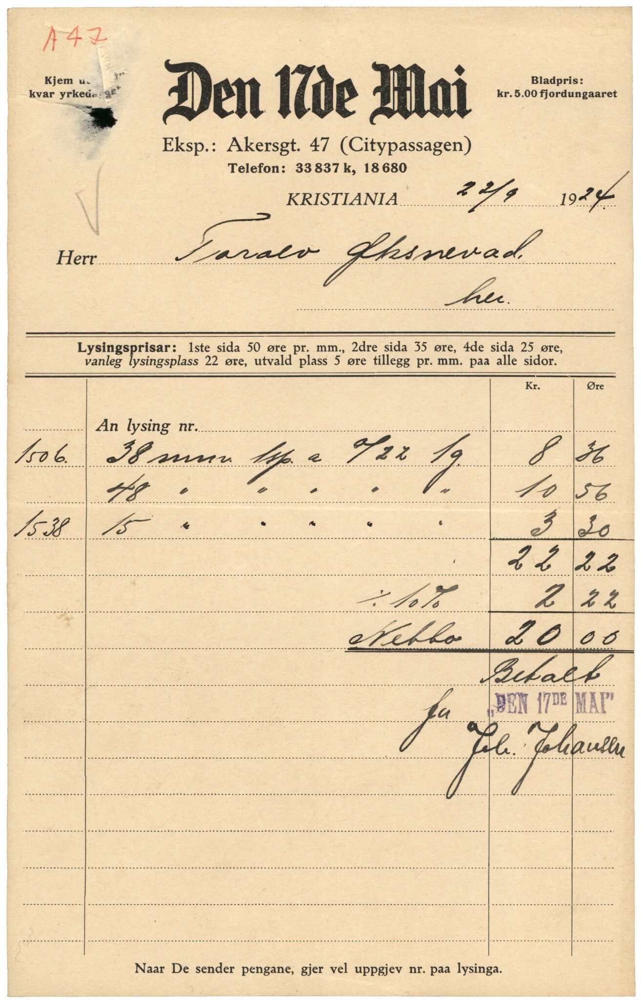 Samling etter Klara Semb, NSFF/KS/A/047: Dokument i samband med Kari Semb sitt dødsfall, 1924