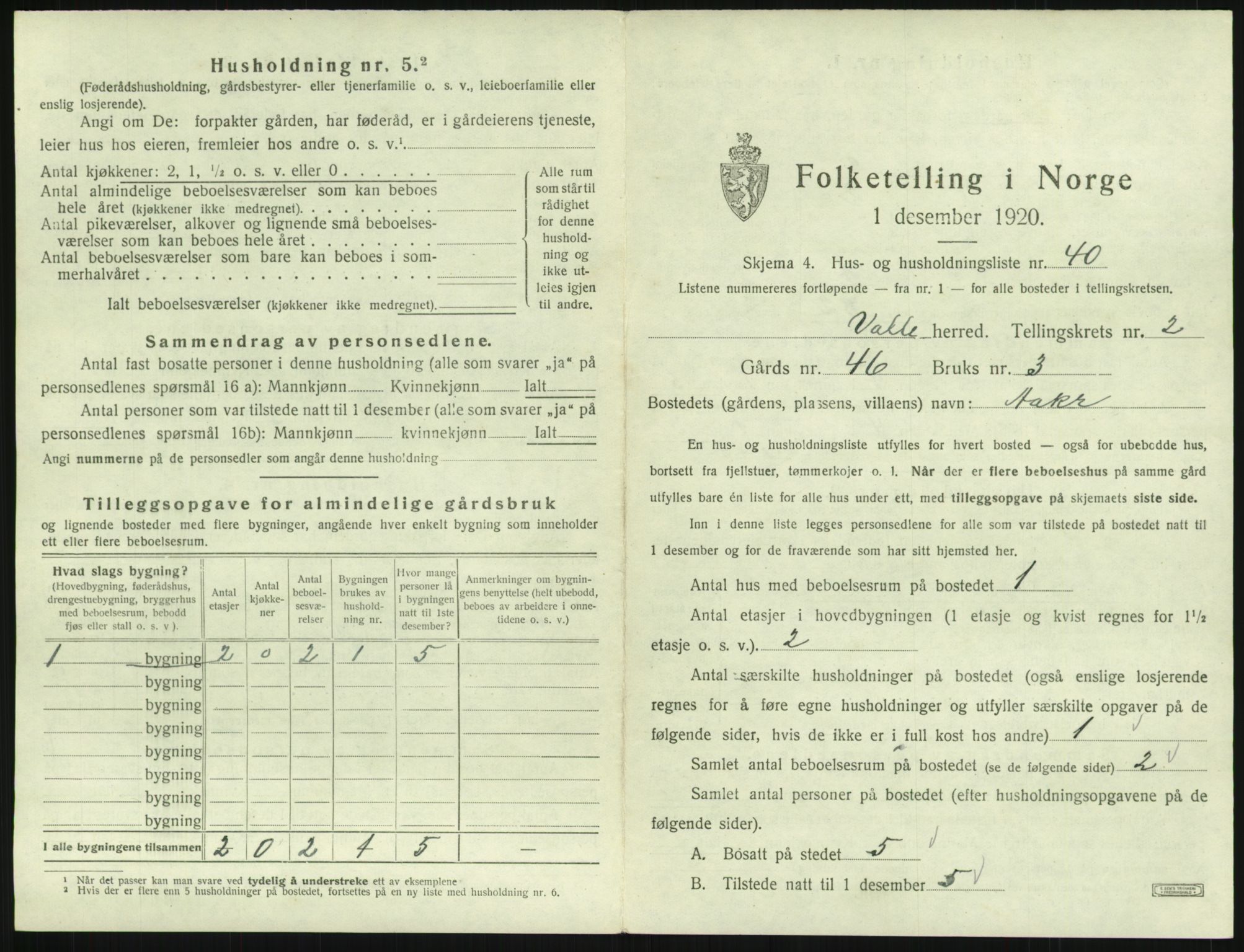 SAK, 1920 census for Valle, 1920, p. 195