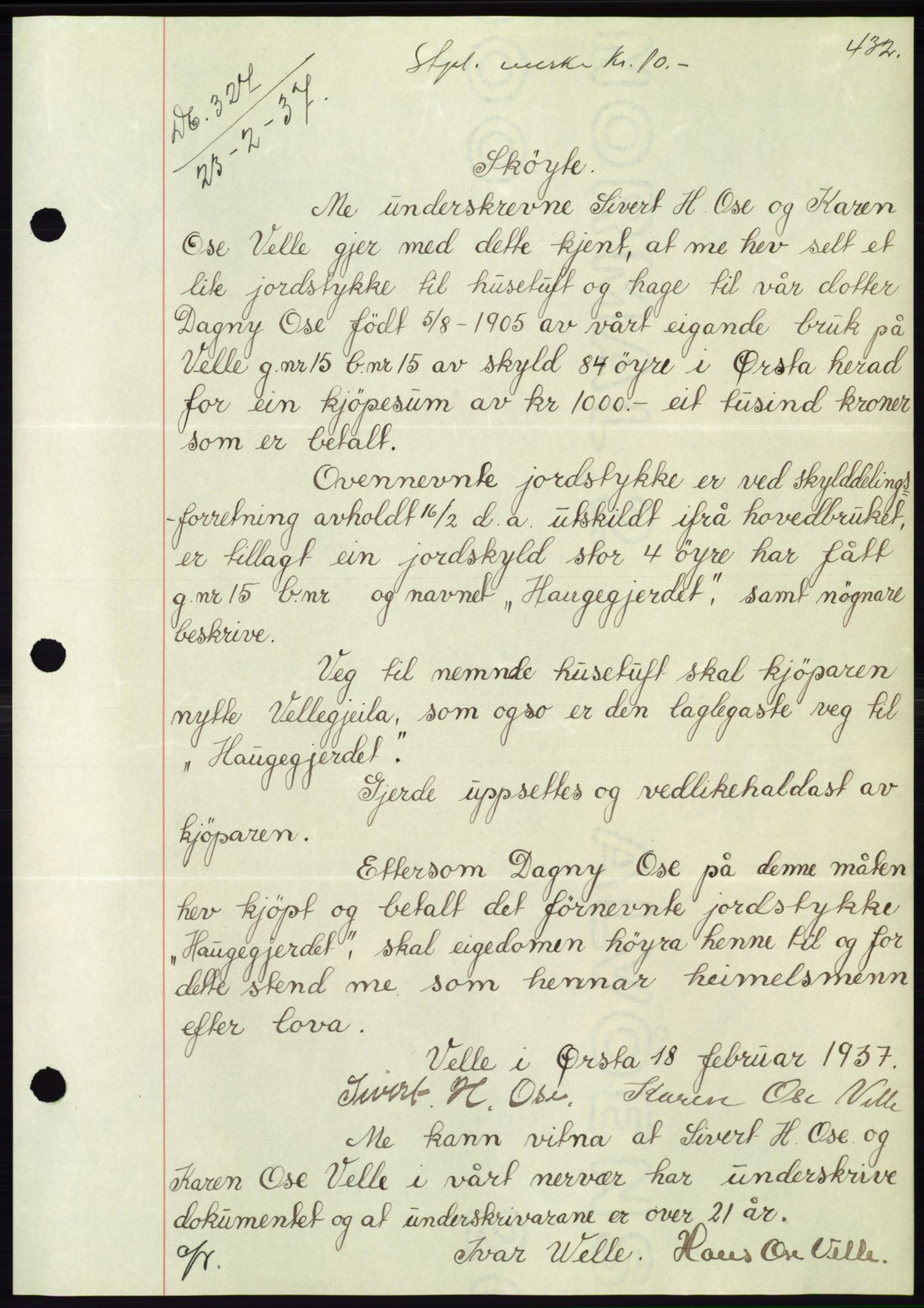 Søre Sunnmøre sorenskriveri, AV/SAT-A-4122/1/2/2C/L0062: Mortgage book no. 56, 1936-1937, Diary no: : 327/1937