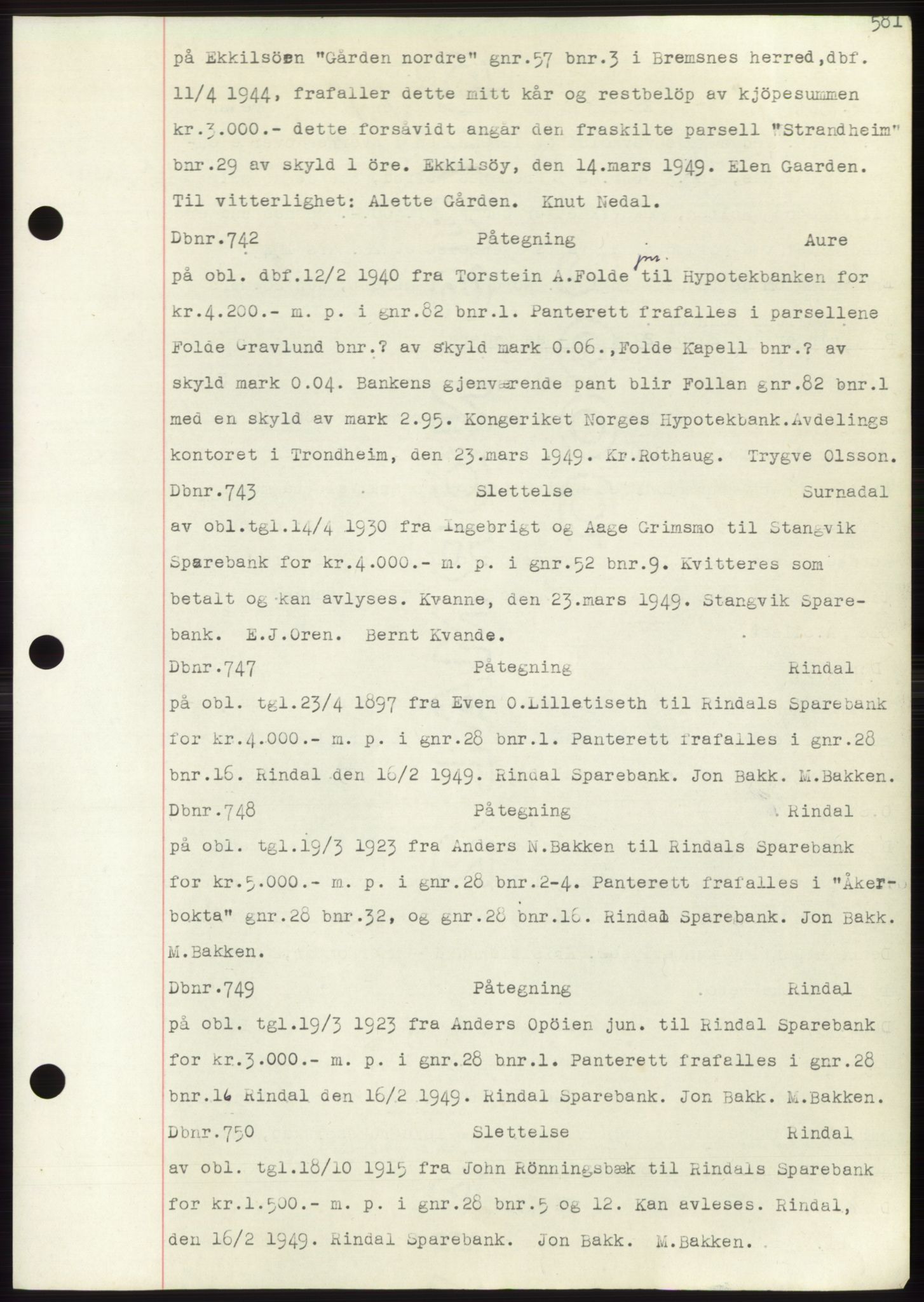 Nordmøre sorenskriveri, SAT/A-4132/1/2/2Ca: Mortgage book no. C82b, 1946-1951, Diary no: : 742/1949