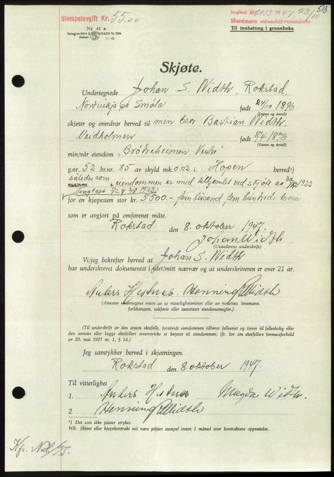 Nordmøre sorenskriveri, AV/SAT-A-4132/1/2/2Ca: Mortgage book no. A106, 1947-1947, Diary no: : 2433/1947