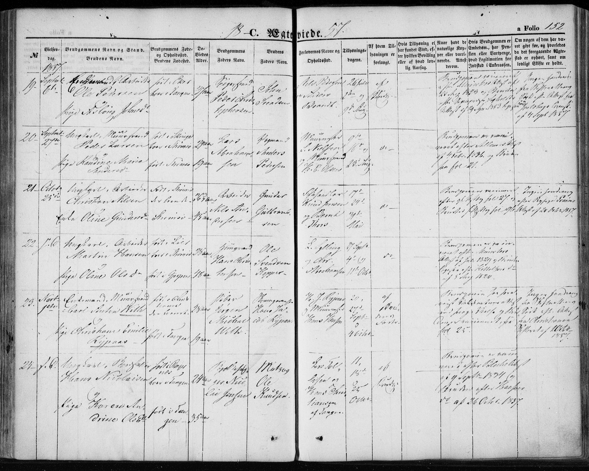 Strømsø kirkebøker, AV/SAKO-A-246/F/Fa/L0017: Parish register (official) no. I 17, 1848-1865, p. 152