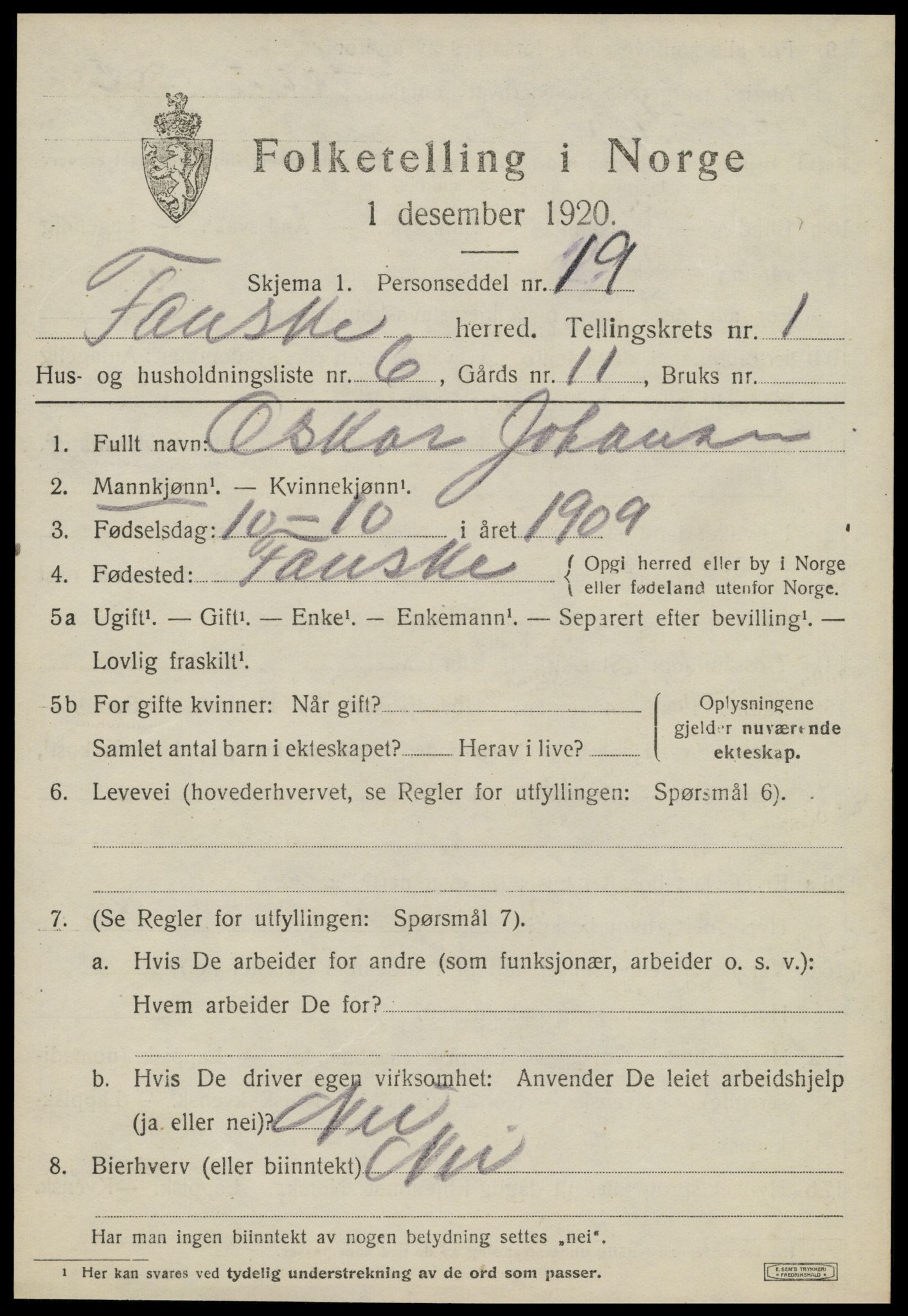 SAT, 1920 census for Fauske, 1920, p. 2142