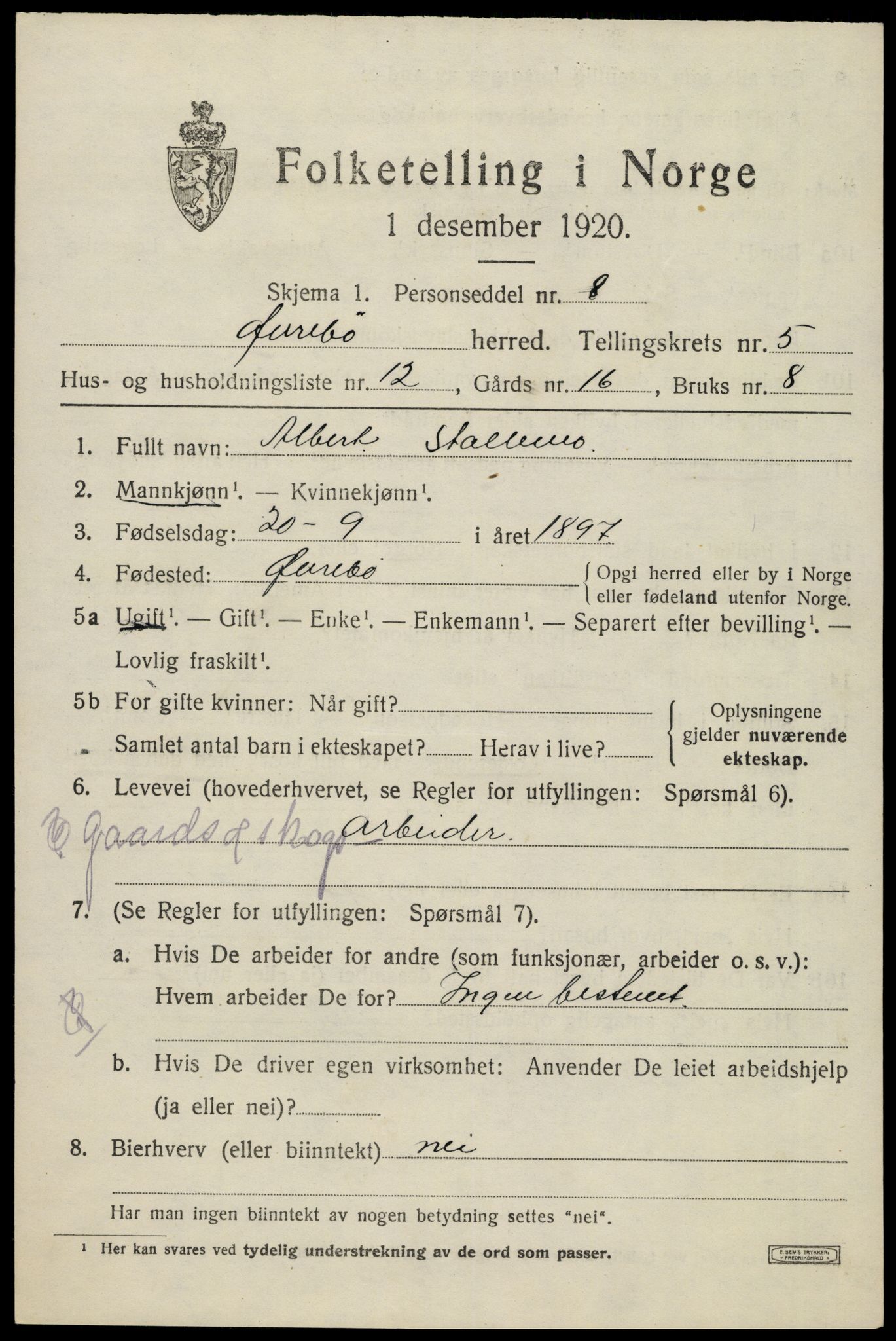 SAK, 1920 census for Øvrebø, 1920, p. 1126