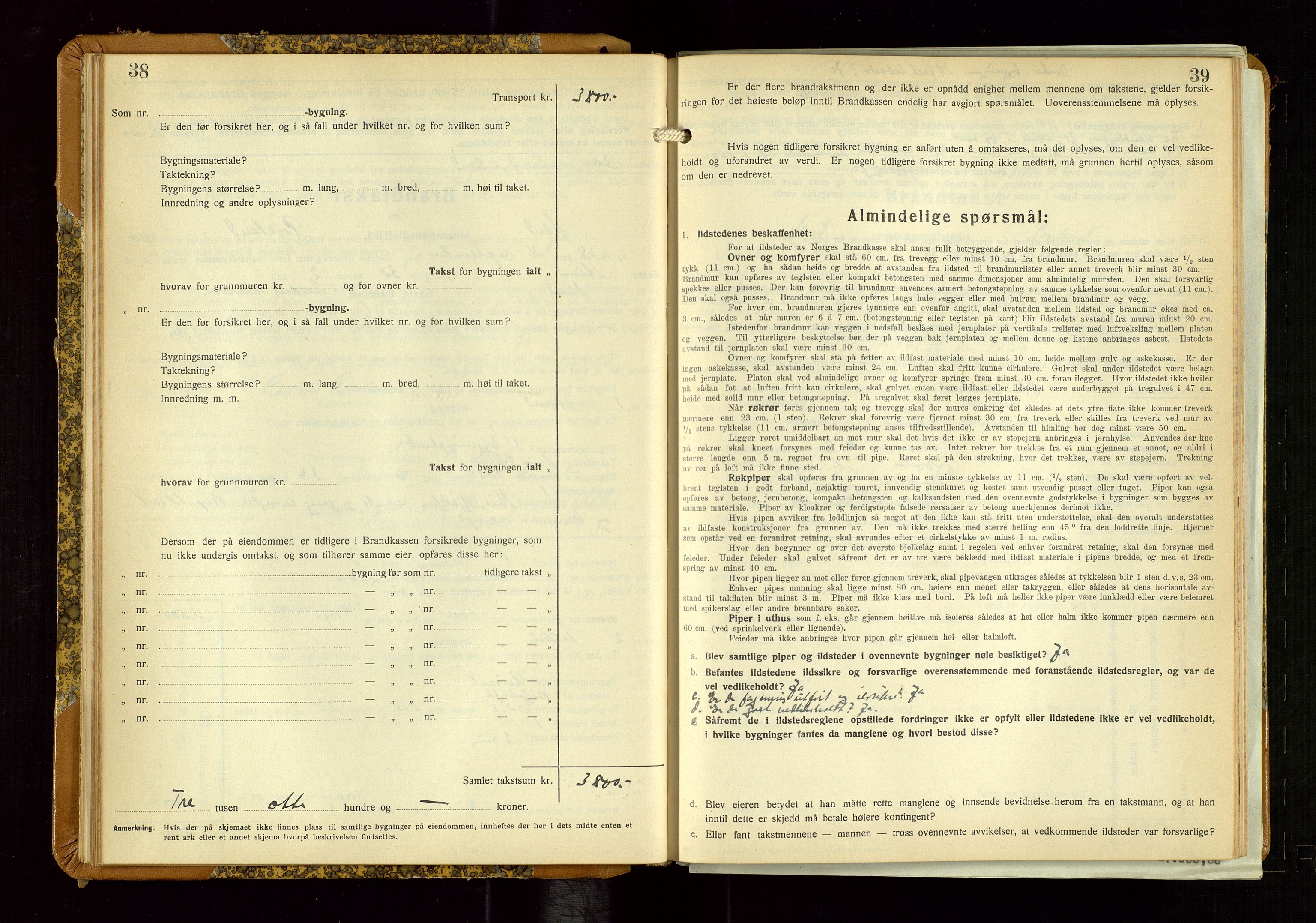 Sand lensmannskontor, AV/SAST-A-100415/Goc/L0002: "Brandtaxationsprotokol", 1936-1952, p. 38-39
