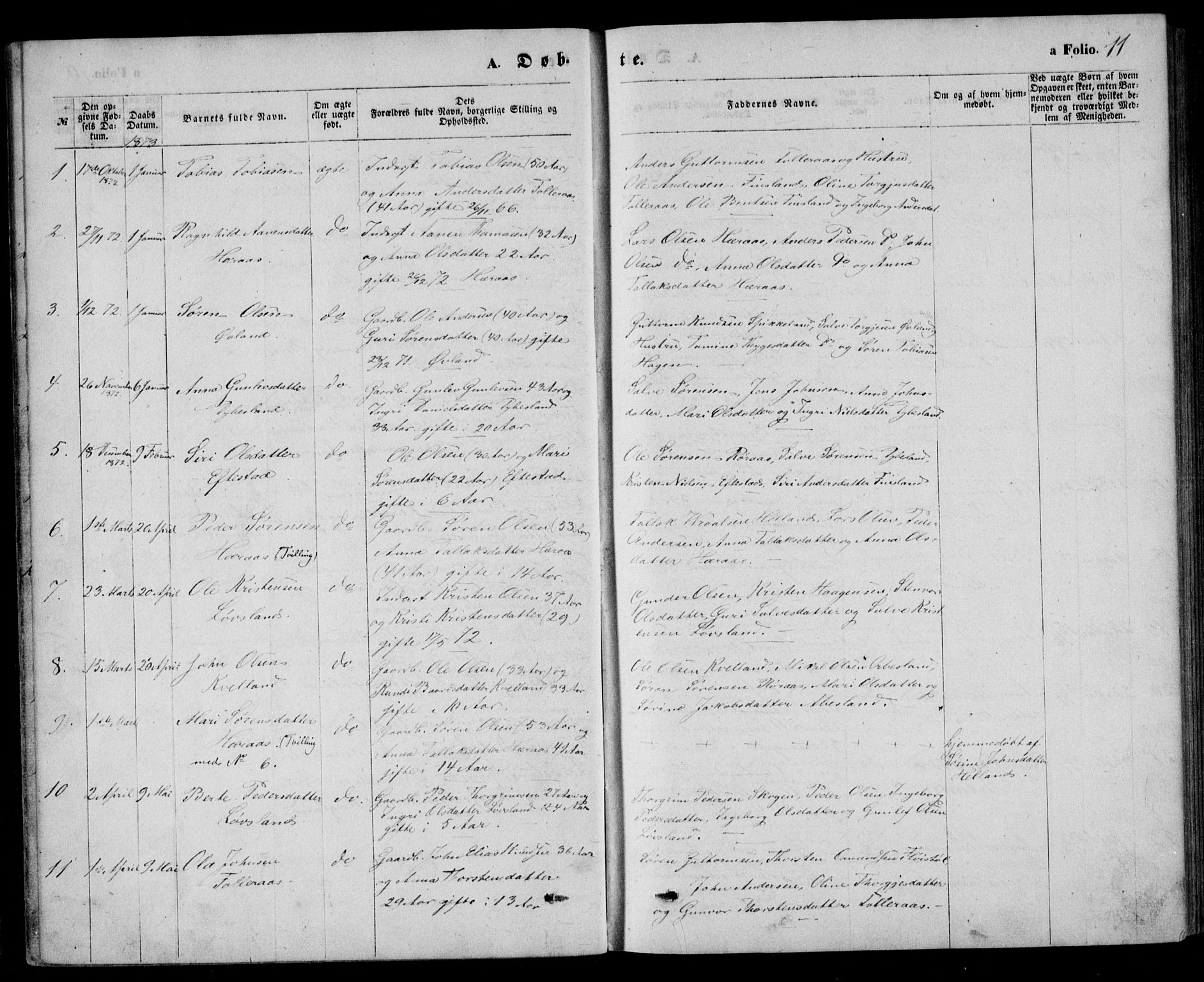 Bjelland sokneprestkontor, SAK/1111-0005/F/Fb/Fbb/L0004: Parish register (copy) no. B 4, 1867-1887, p. 11