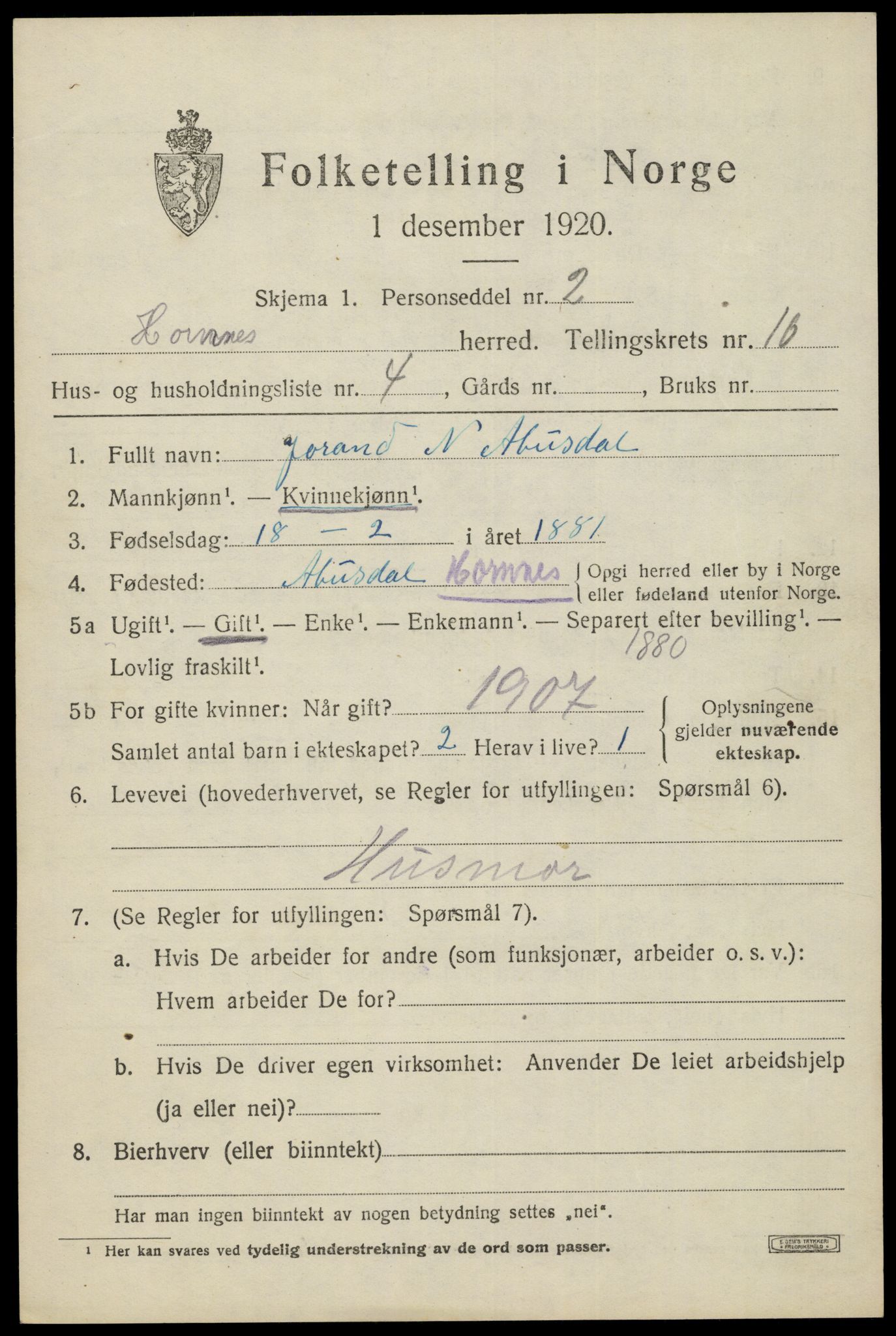 SAK, 1920 census for Hornnes, 1920, p. 2535