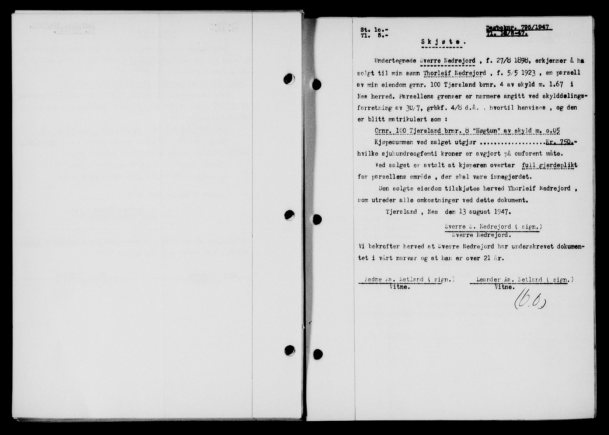 Flekkefjord sorenskriveri, SAK/1221-0001/G/Gb/Gba/L0062: Mortgage book no. A-10, 1947-1947, Diary no: : 795/1947