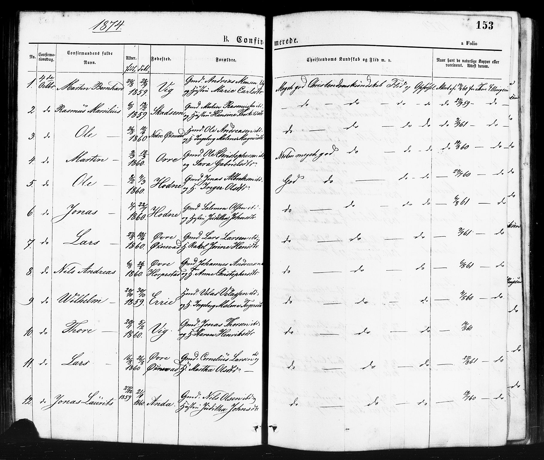 Klepp sokneprestkontor, SAST/A-101803/001/3/30BA/L0006: Parish register (official) no. A 6, 1871-1885, p. 153
