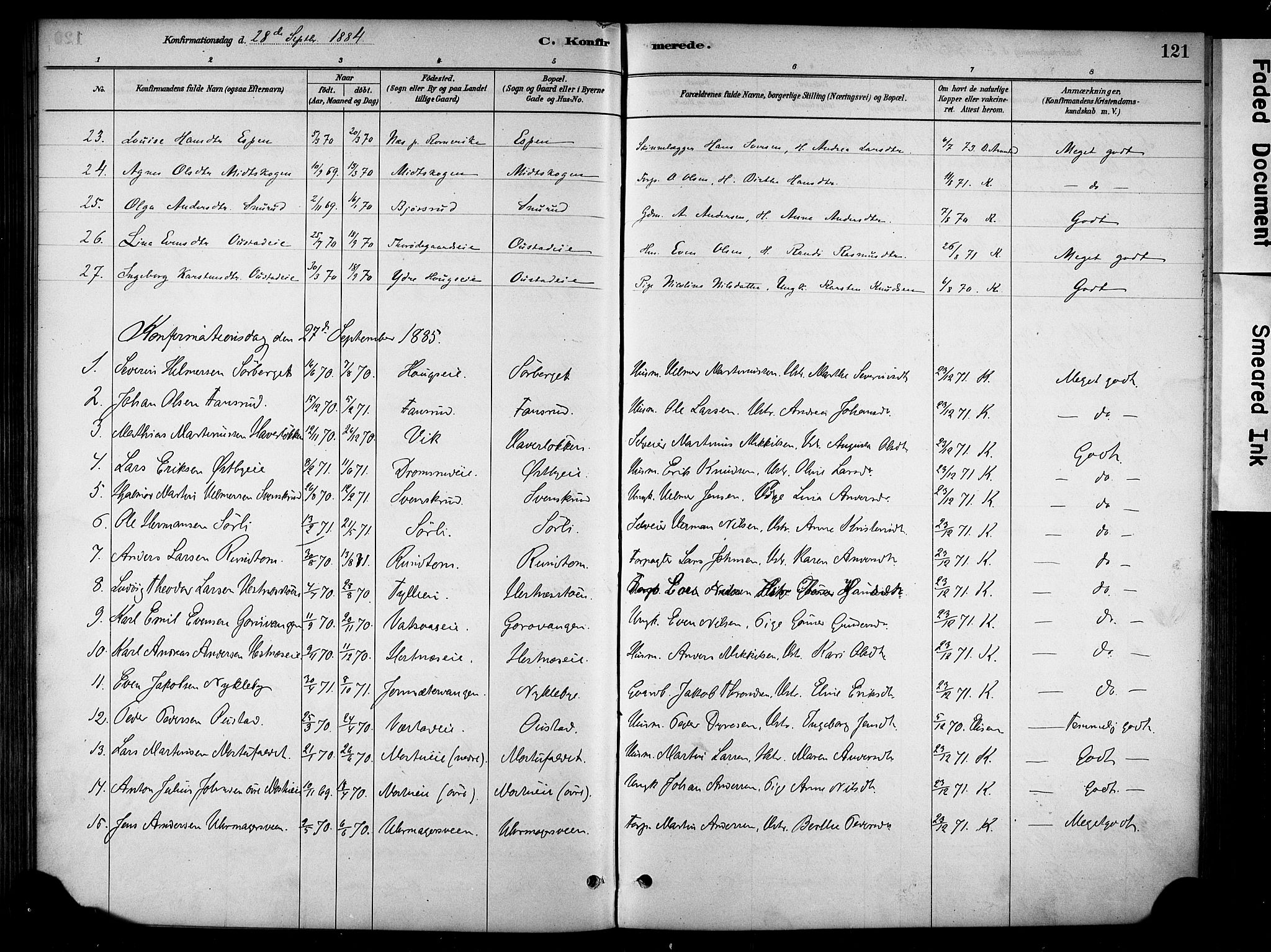 Stange prestekontor, SAH/PREST-002/K/L0018: Parish register (official) no. 18, 1880-1896, p. 121