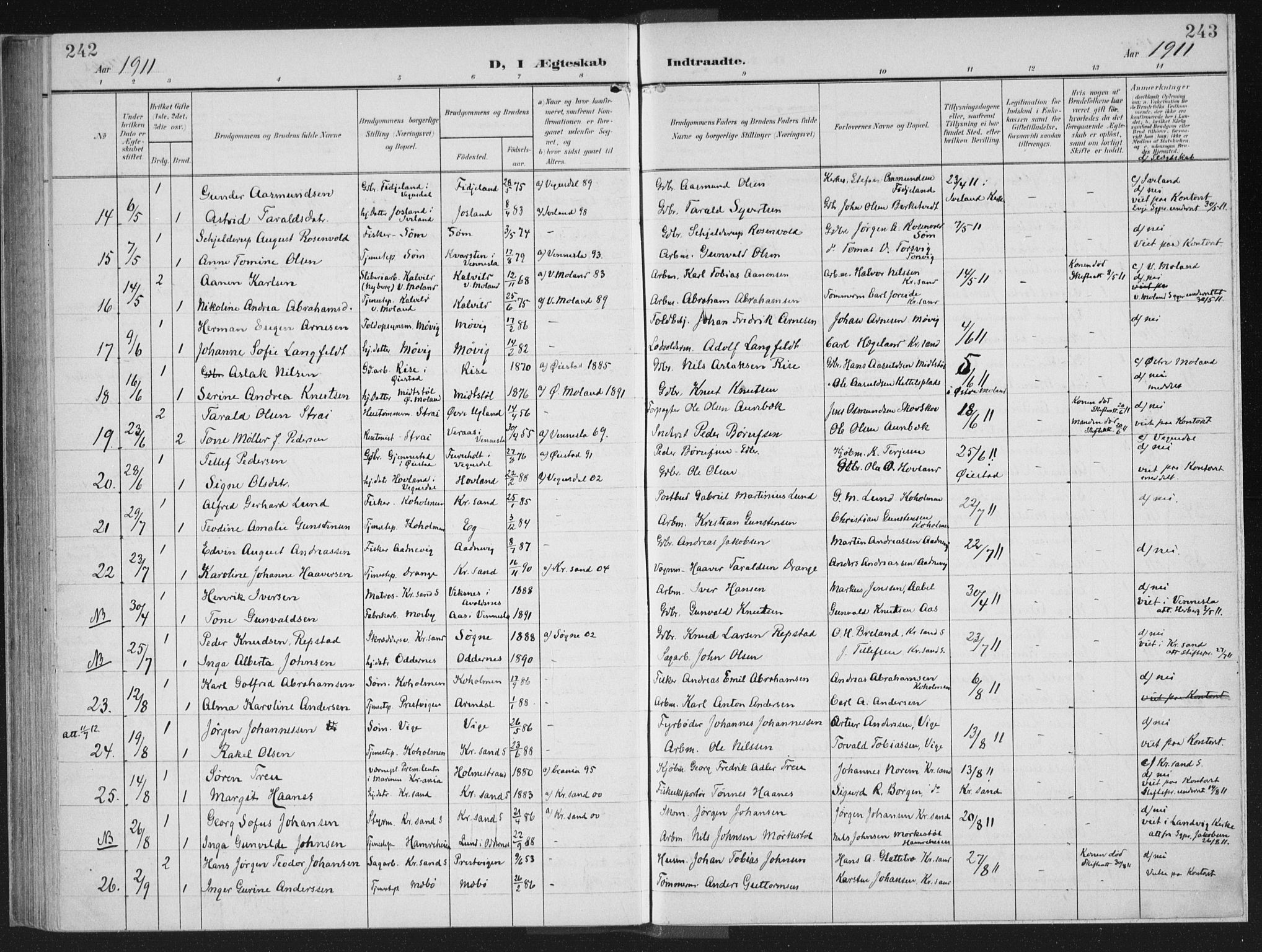 Oddernes sokneprestkontor, AV/SAK-1111-0033/F/Fa/Faa/L0011: Parish register (official) no. A 11, 1904-1911, p. 242-243