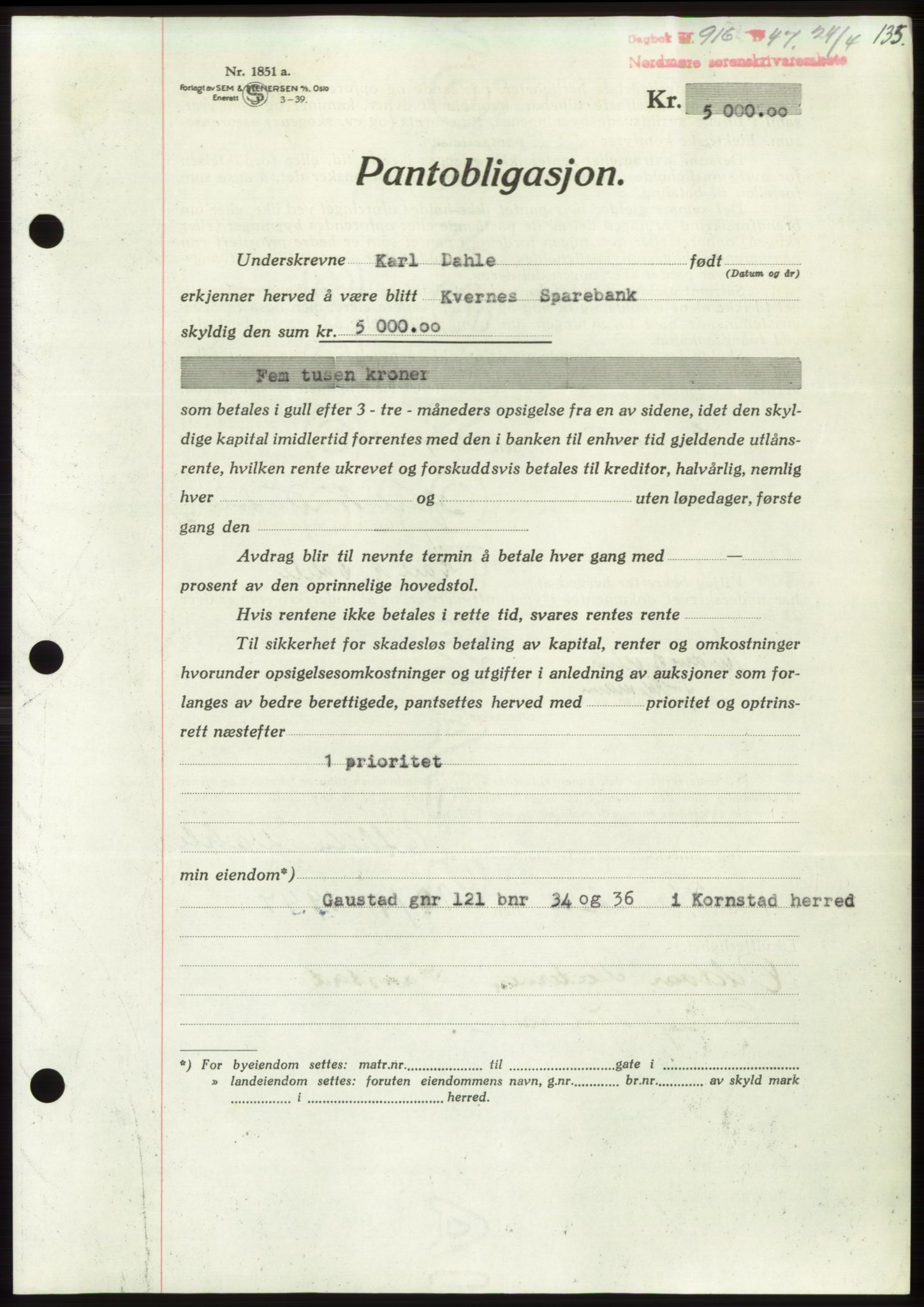 Nordmøre sorenskriveri, AV/SAT-A-4132/1/2/2Ca: Mortgage book no. B96, 1947-1947, Diary no: : 916/1947