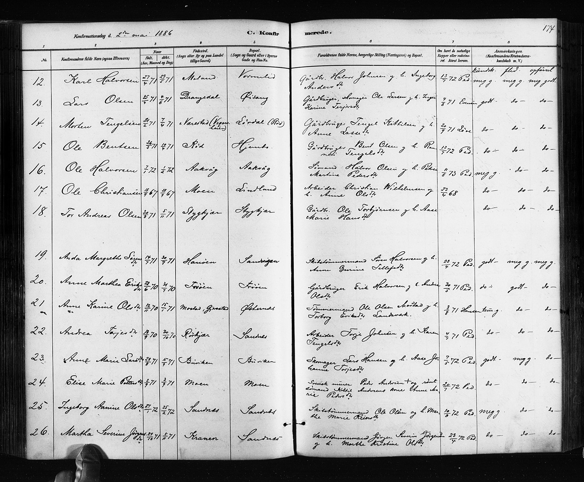 Søndeled sokneprestkontor, SAK/1111-0038/F/Fa/L0004: Parish register (official) no. A 4, 1880-1889, p. 174