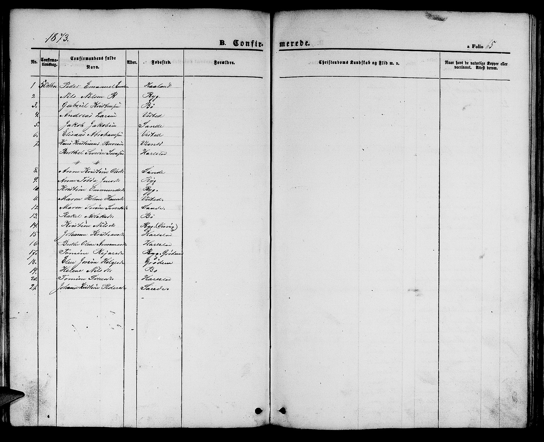 Hetland sokneprestkontor, SAST/A-101826/30/30BB/L0002: Parish register (copy) no. B 2, 1856-1891, p. 65