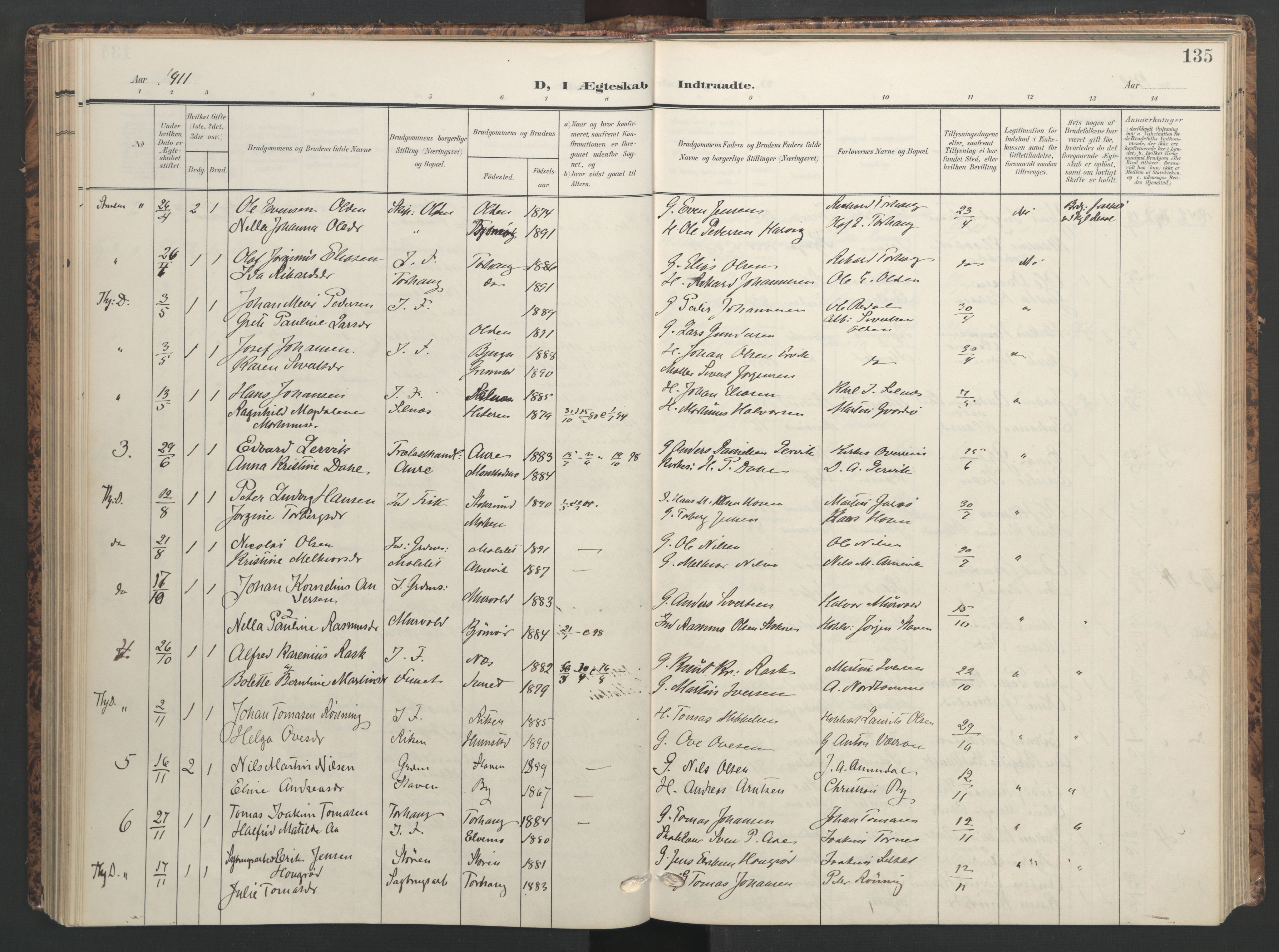 Ministerialprotokoller, klokkerbøker og fødselsregistre - Sør-Trøndelag, SAT/A-1456/655/L0682: Parish register (official) no. 655A11, 1908-1922, p. 135