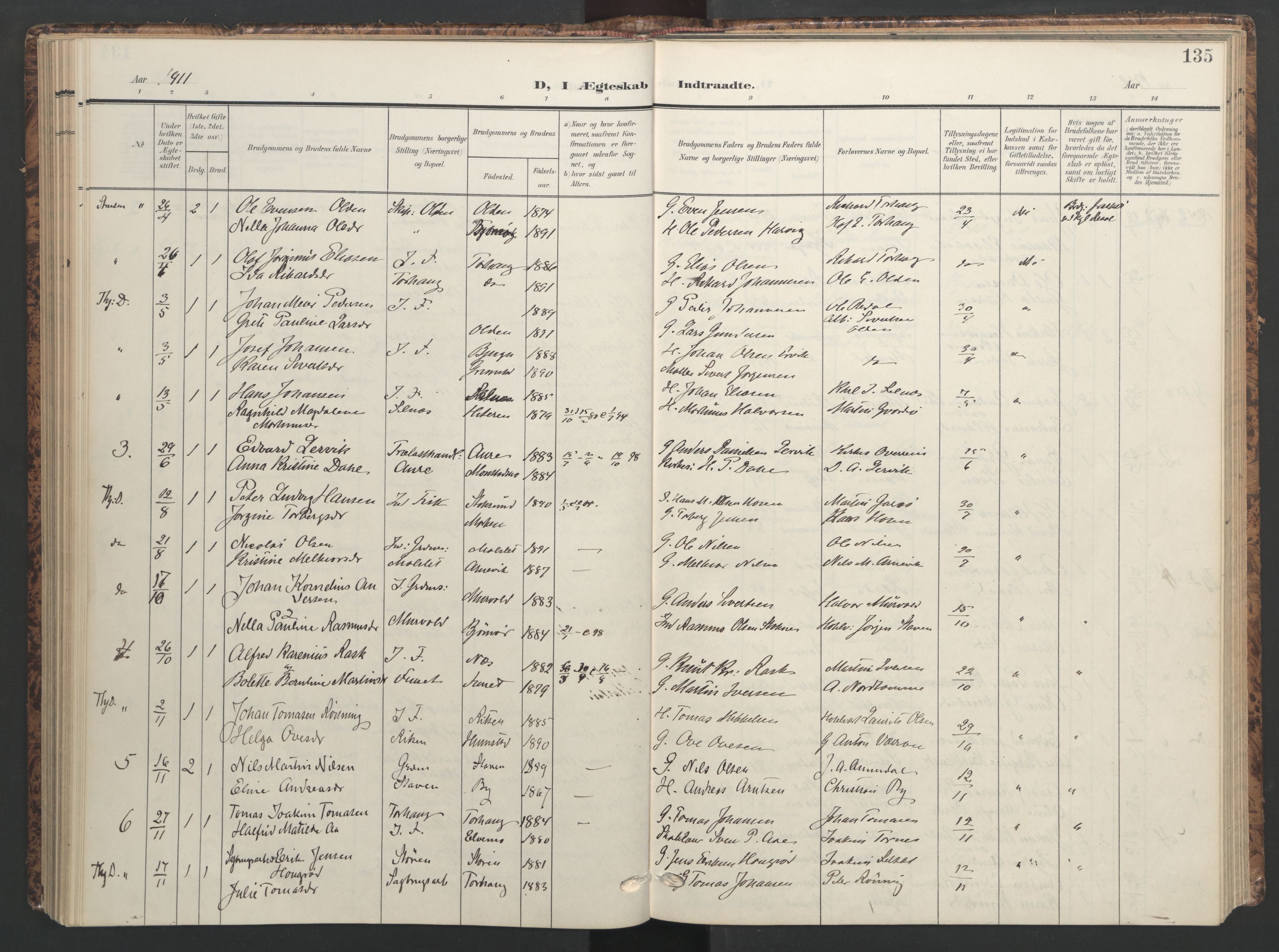 Ministerialprotokoller, klokkerbøker og fødselsregistre - Sør-Trøndelag, AV/SAT-A-1456/655/L0682: Parish register (official) no. 655A11, 1908-1922, p. 135