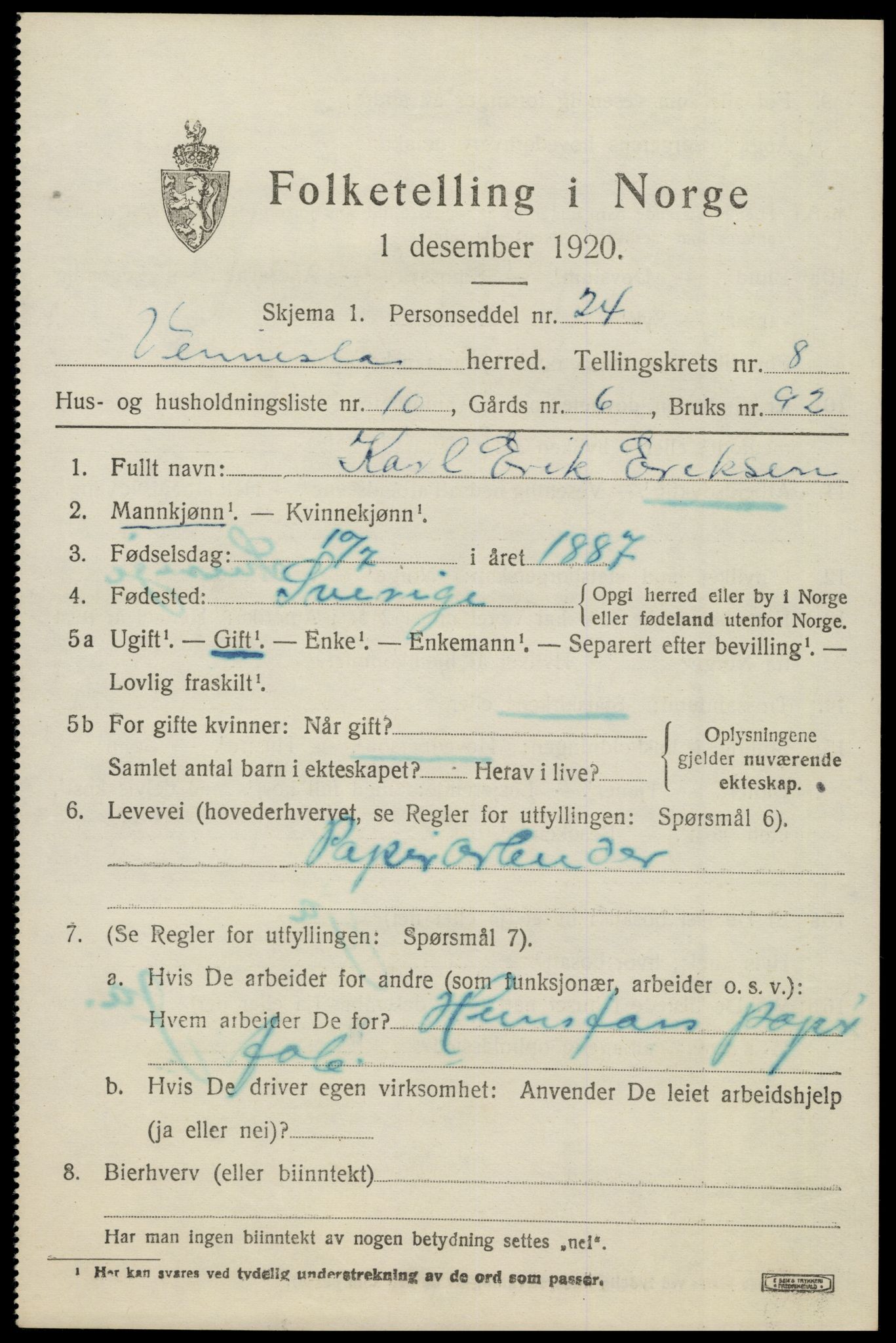 SAK, 1920 census for Vennesla, 1920, p. 5866