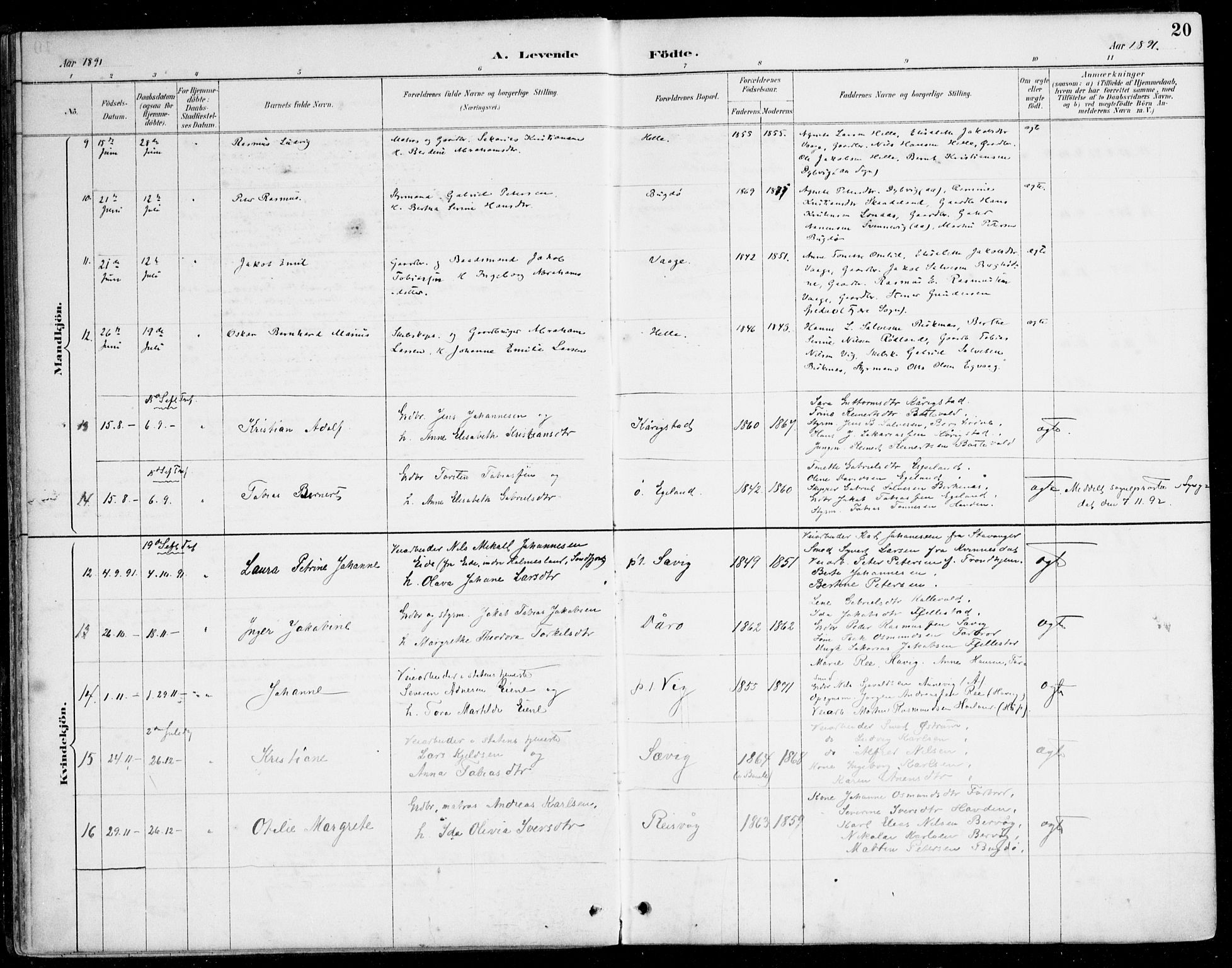 Herad sokneprestkontor, SAK/1111-0018/F/Fa/Fab/L0005: Parish register (official) no. A 5, 1886-1913, p. 20