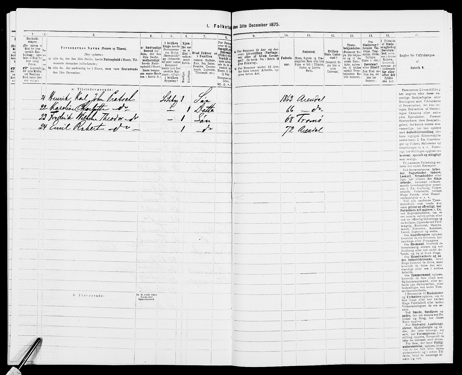 SAK, 1875 census for 0903P Arendal, 1875, p. 110