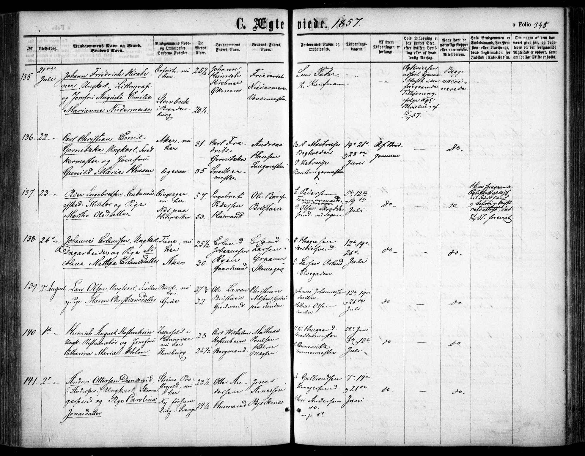 Oslo domkirke Kirkebøker, SAO/A-10752/F/Fa/L0020: Parish register (official) no. 20, 1848-1865, p. 345