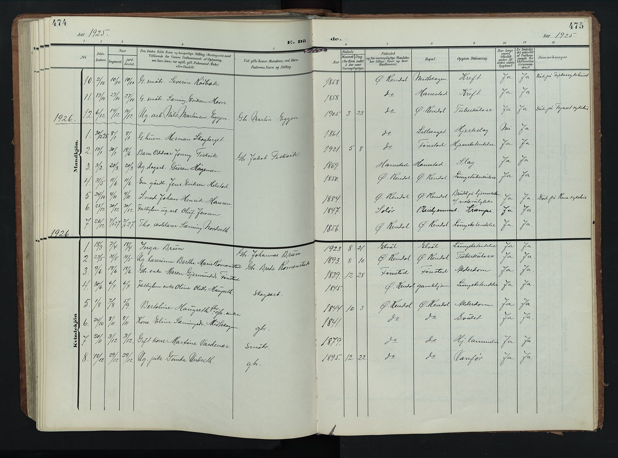 Rendalen prestekontor, SAH/PREST-054/H/Ha/Hab/L0004: Parish register (copy) no. 4, 1904-1946, p. 474-475