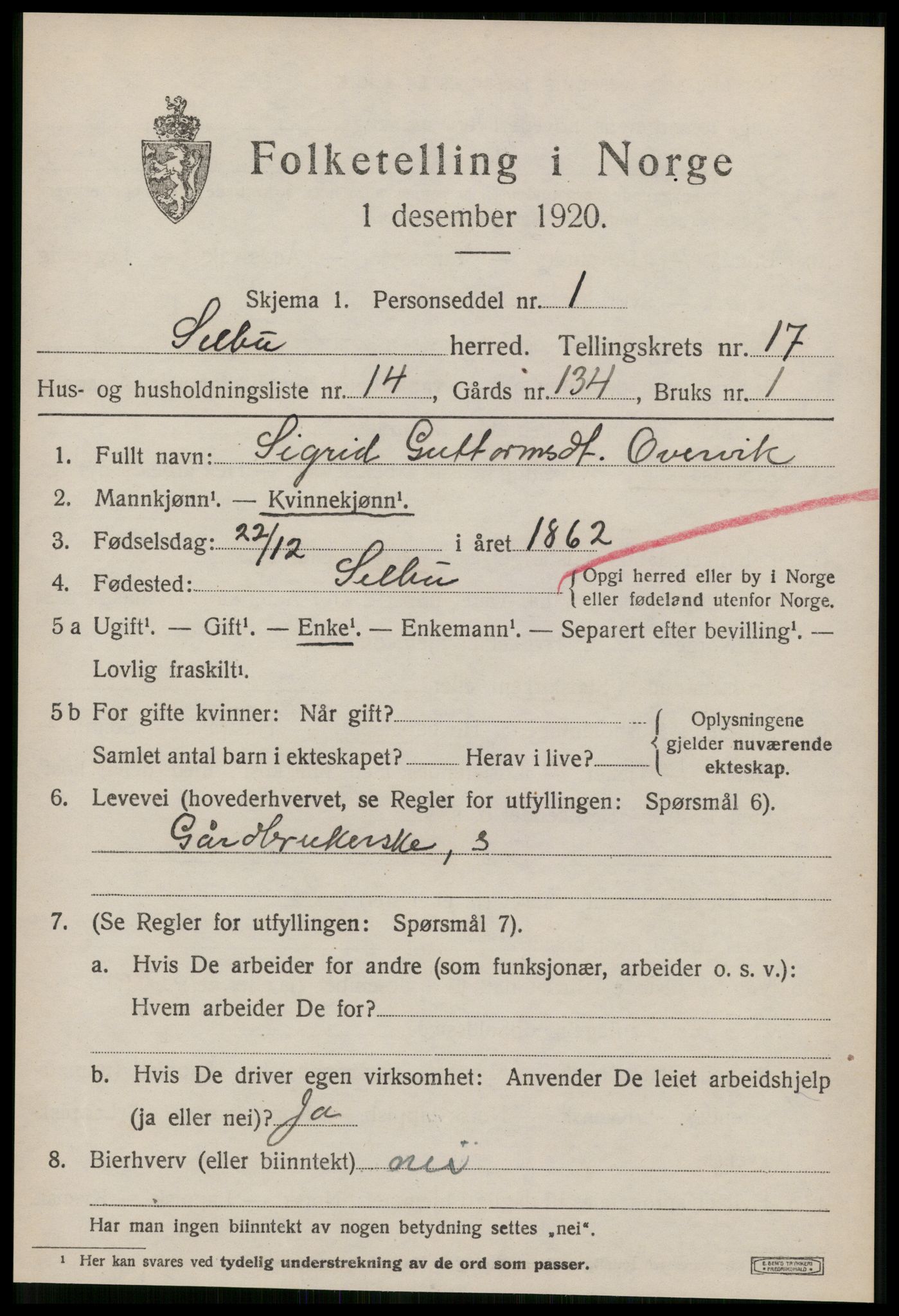 SAT, 1920 census for Selbu, 1920, p. 9052