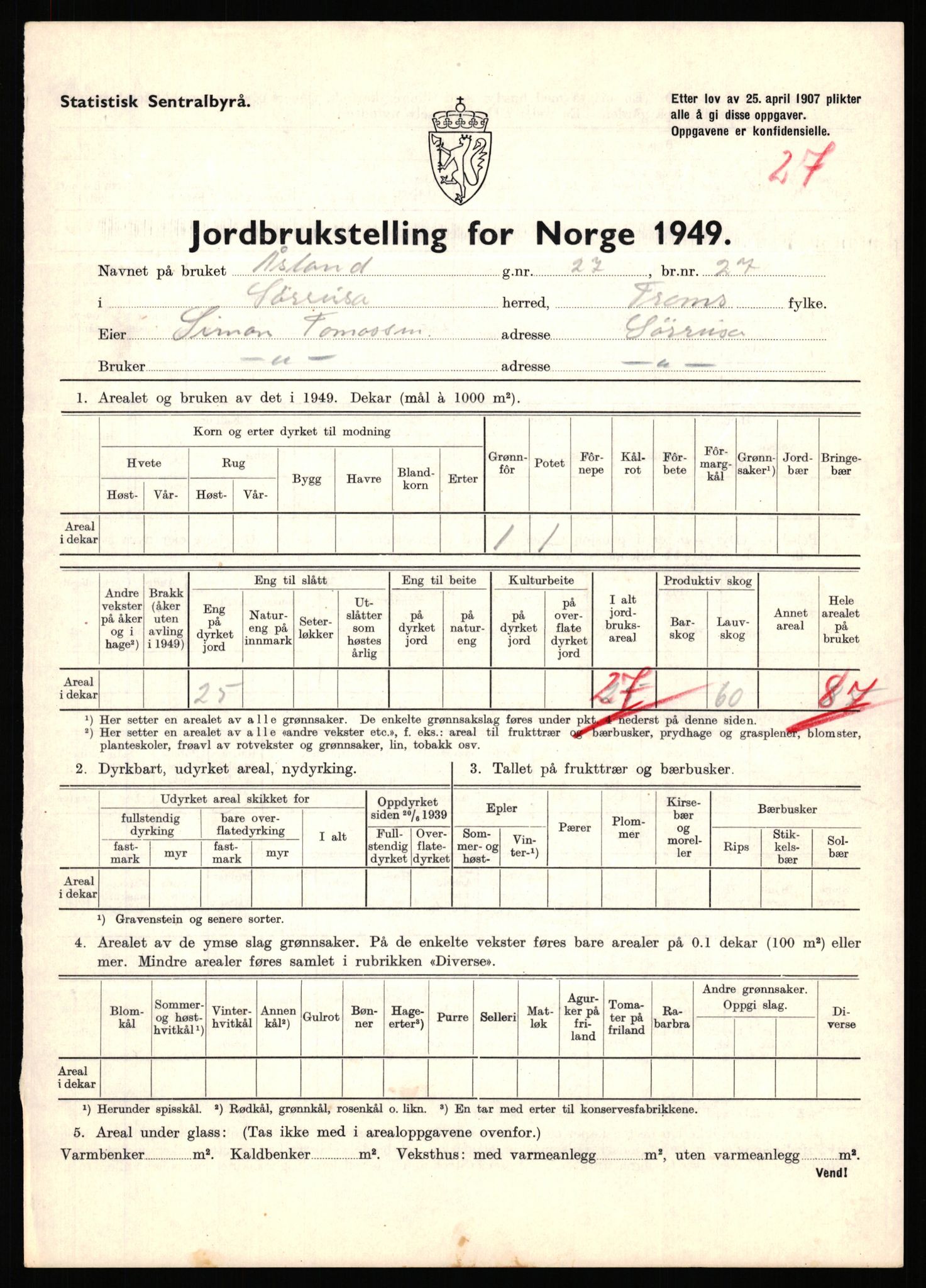 Statistisk sentralbyrå, Næringsøkonomiske emner, Jordbruk, skogbruk, jakt, fiske og fangst, AV/RA-S-2234/G/Gc/L0440: Troms: Sørreisa og Dyrøy, 1949, p. 498