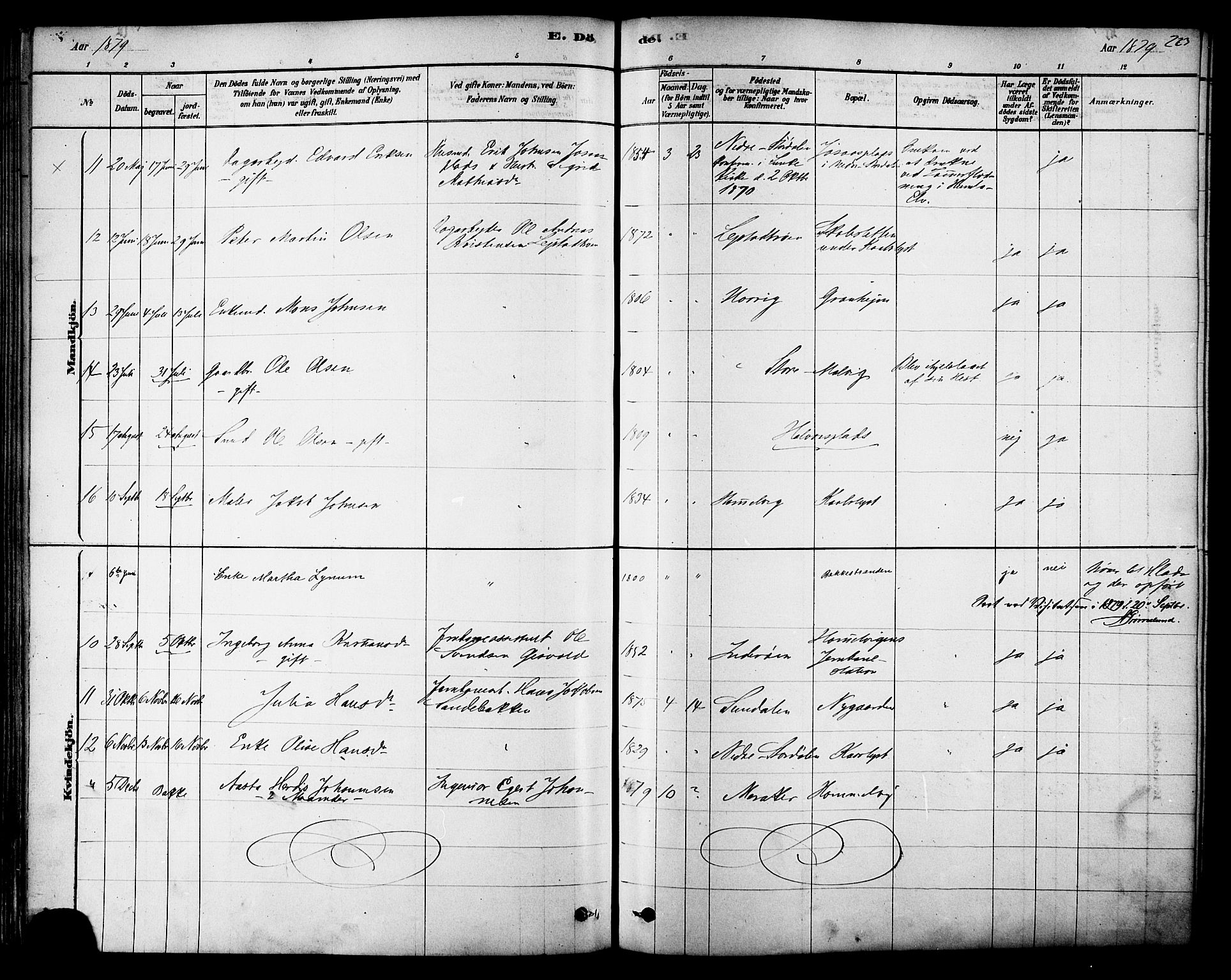 Ministerialprotokoller, klokkerbøker og fødselsregistre - Sør-Trøndelag, AV/SAT-A-1456/616/L0410: Parish register (official) no. 616A07, 1878-1893, p. 223