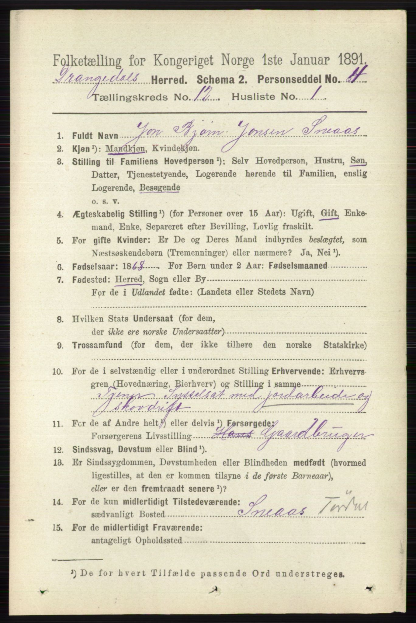 RA, 1891 census for 0817 Drangedal, 1891, p. 4364