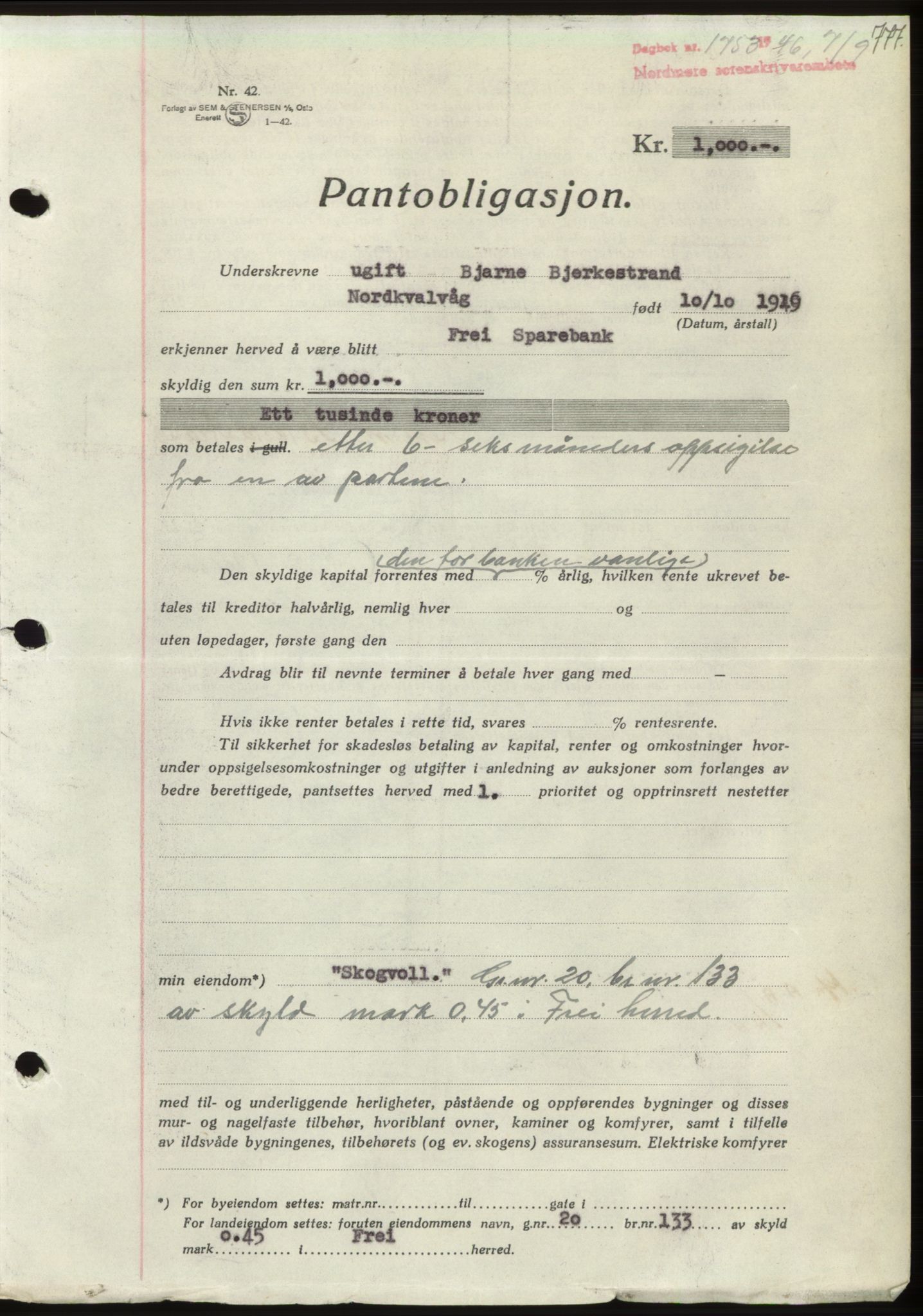 Nordmøre sorenskriveri, AV/SAT-A-4132/1/2/2Ca: Mortgage book no. B94, 1946-1946, Diary no: : 1753/1946