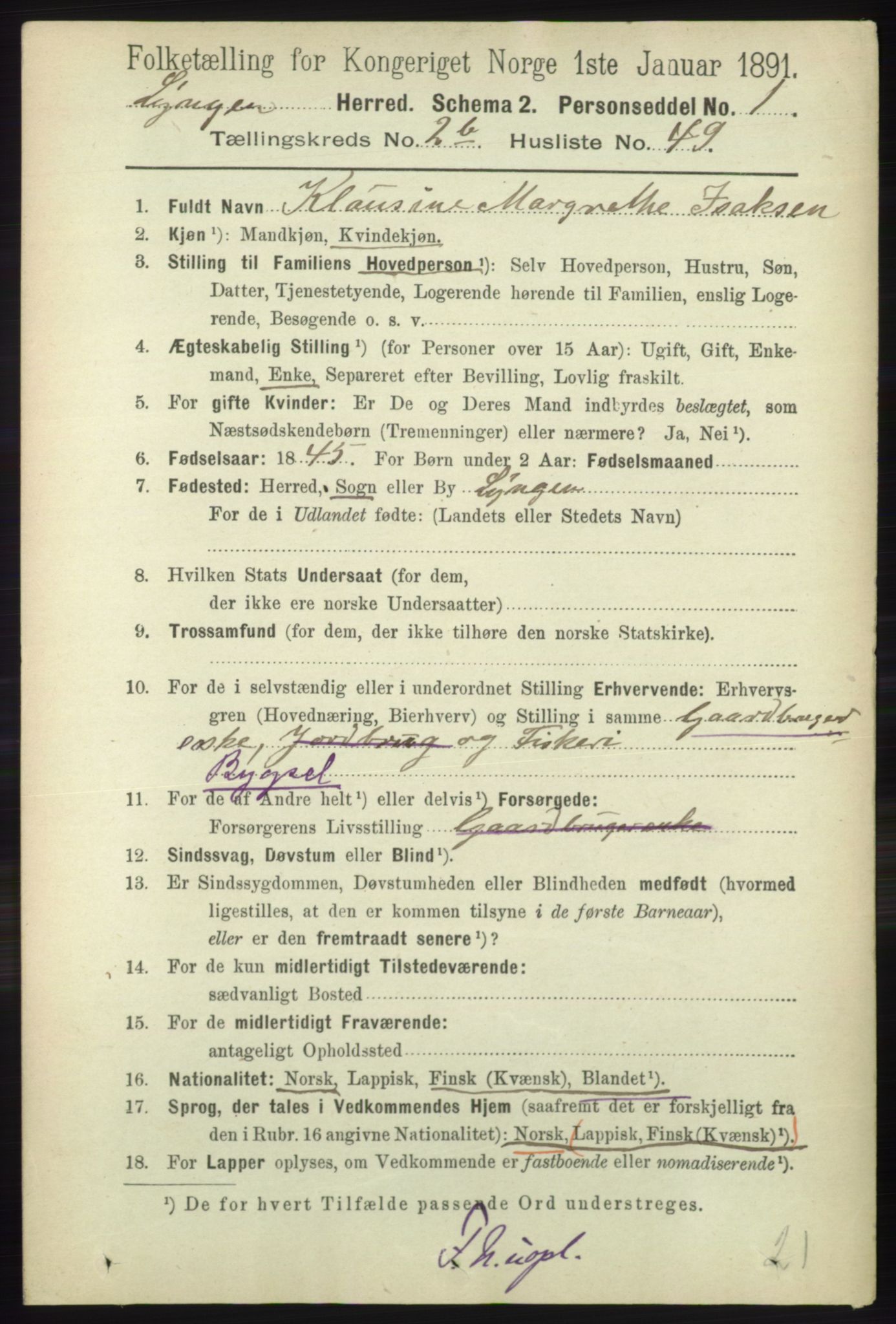 RA, 1891 census for 1938 Lyngen, 1891, p. 2809