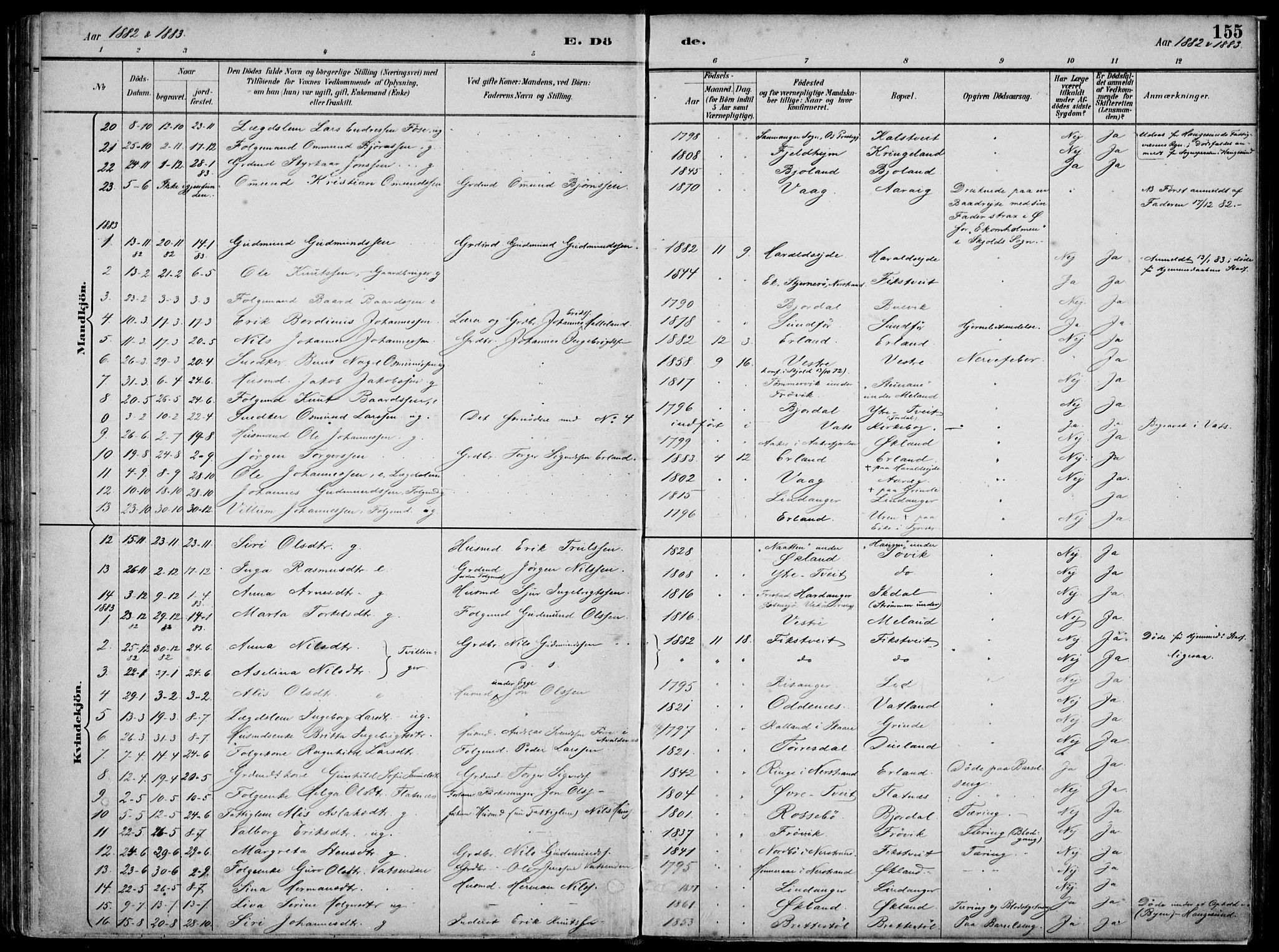 Skjold sokneprestkontor, AV/SAST-A-101847/H/Ha/Haa/L0010: Parish register (official) no. A 10, 1882-1897, p. 155