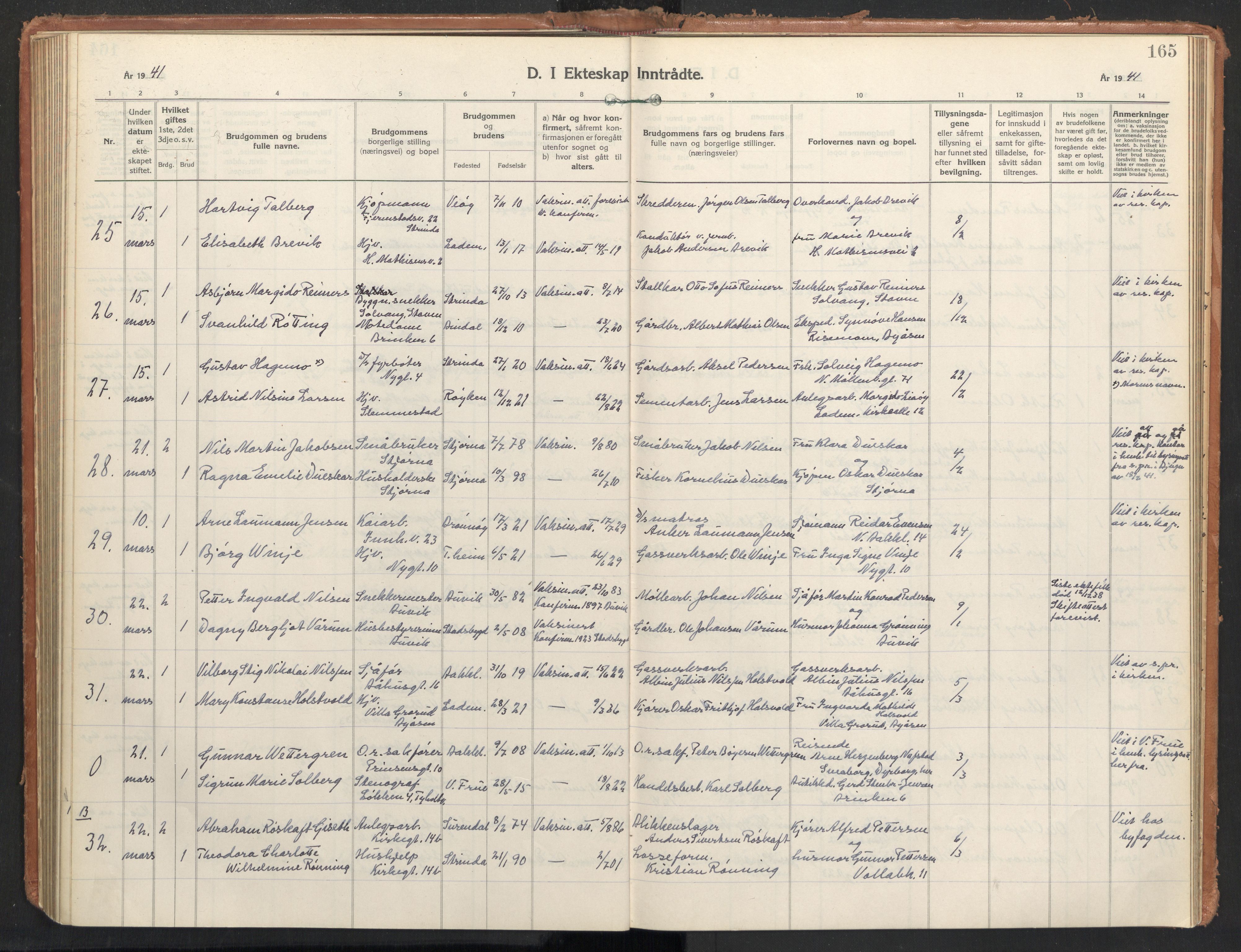 Ministerialprotokoller, klokkerbøker og fødselsregistre - Sør-Trøndelag, AV/SAT-A-1456/604/L0209: Parish register (official) no. 604A29, 1931-1945, p. 165