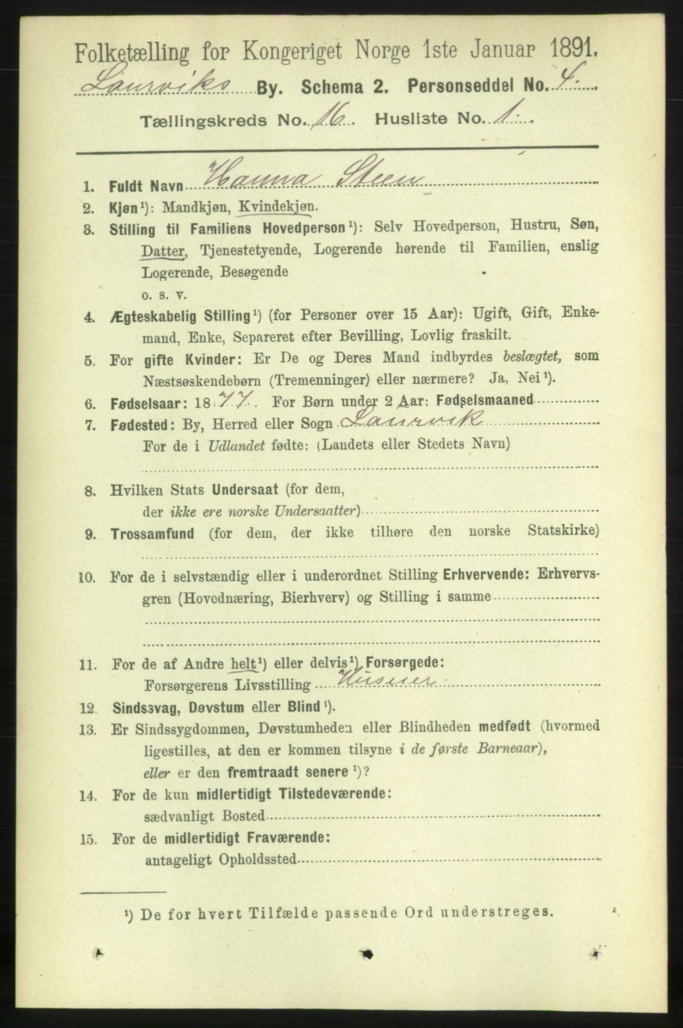 RA, 1891 census for 0707 Larvik, 1891, p. 11621