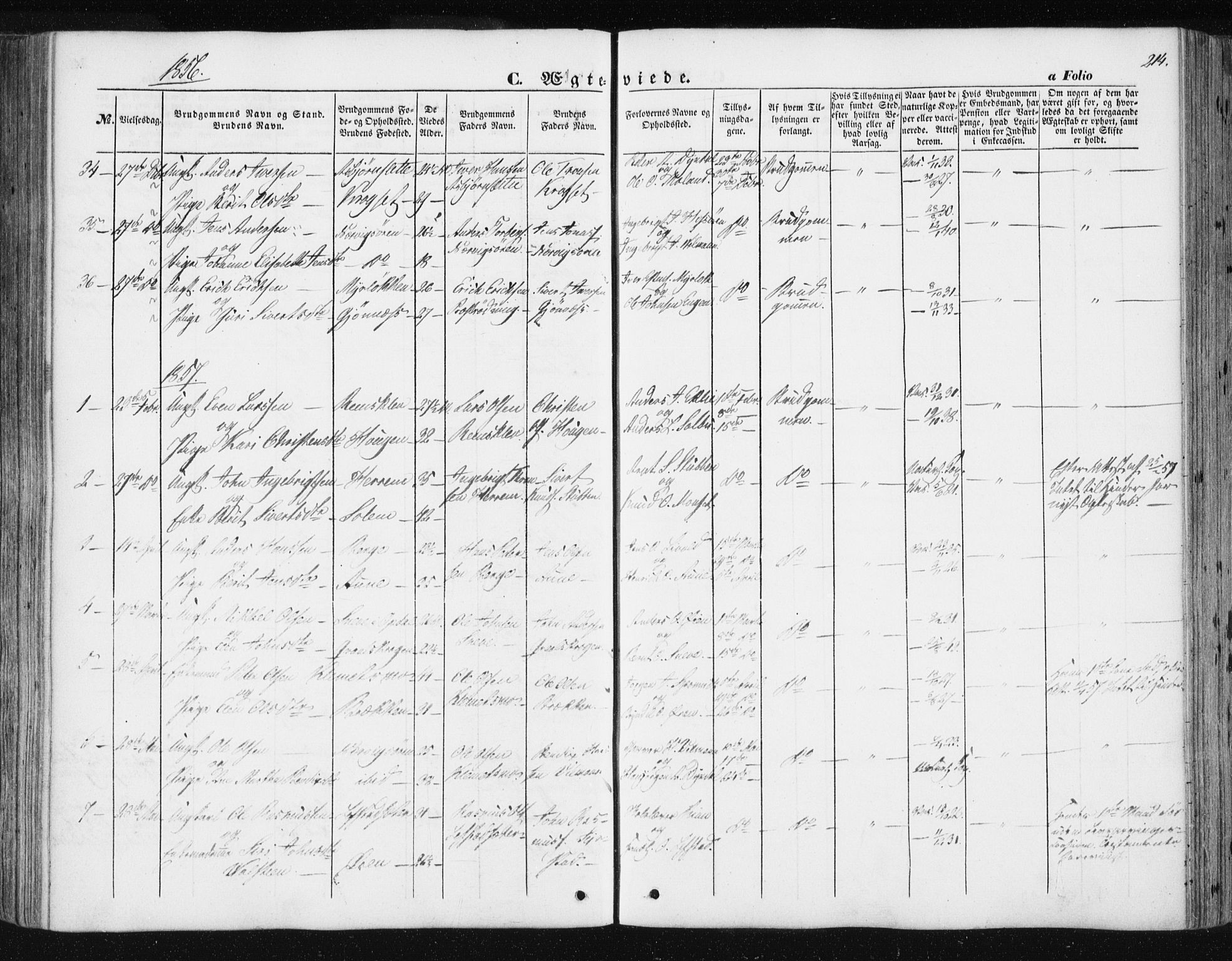 Ministerialprotokoller, klokkerbøker og fødselsregistre - Sør-Trøndelag, SAT/A-1456/668/L0806: Parish register (official) no. 668A06, 1854-1869, p. 214