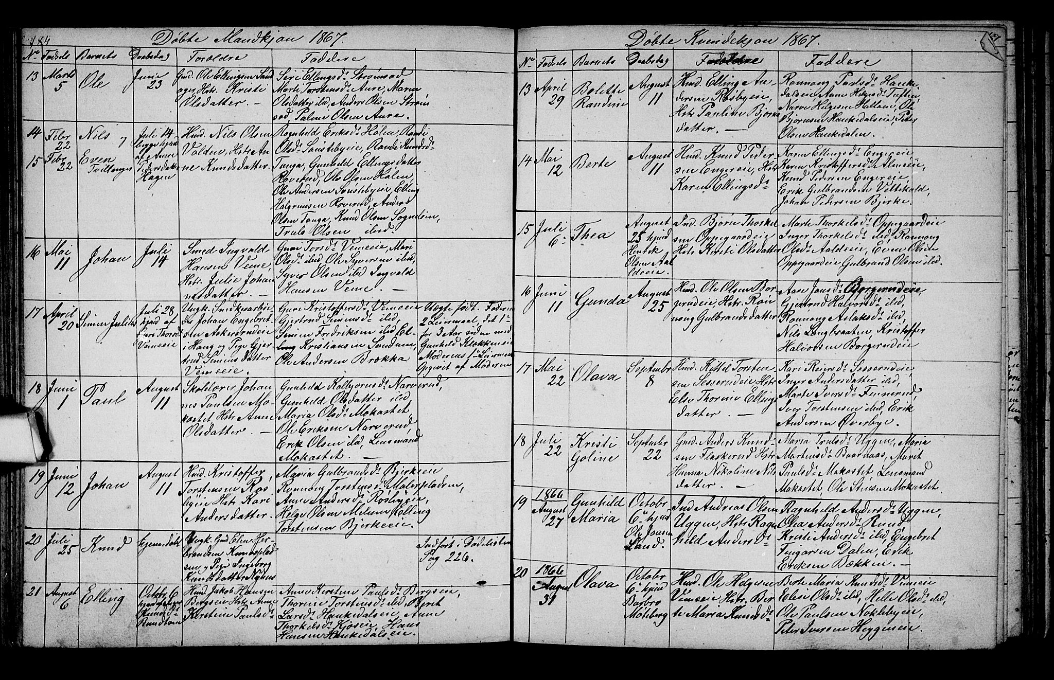 Lunder kirkebøker, AV/SAKO-A-629/G/Ga/L0002: Parish register (copy) no. I 2, 1849-1868, p. 184-185